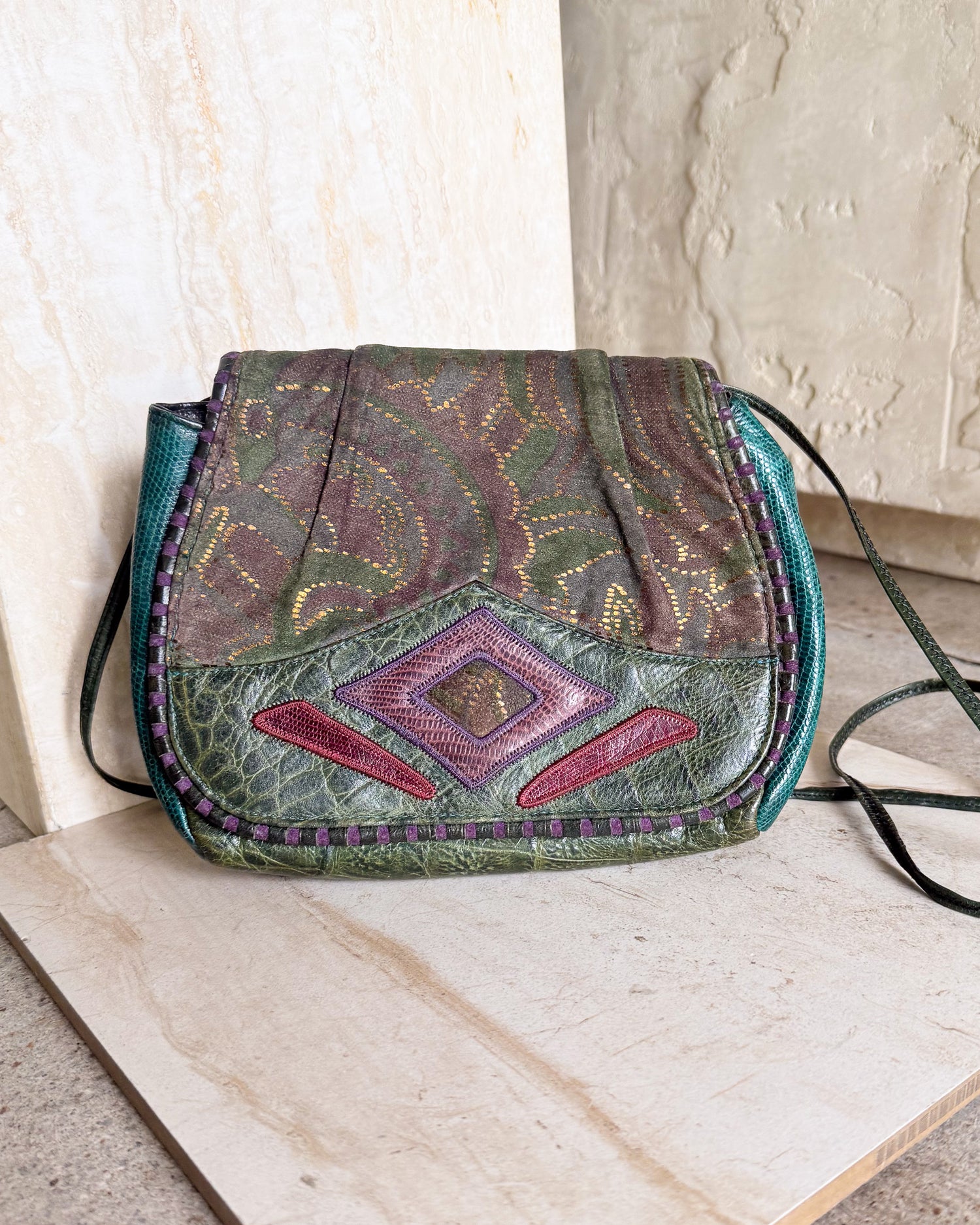 Vintage Signed Patchwork Leather crossbody Bag Lined Snap Close