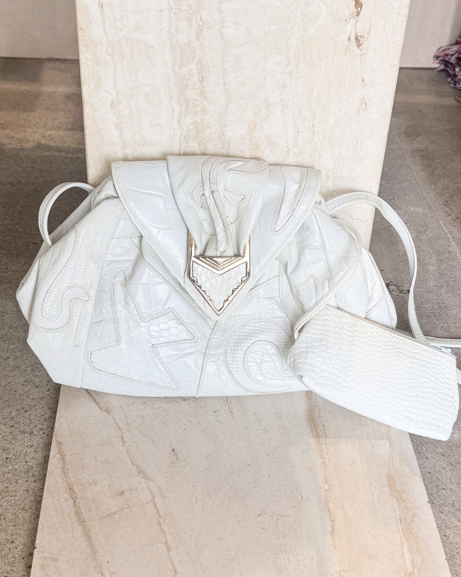 Vintage Signed 1980s patchwork white leather tote shoulder bag