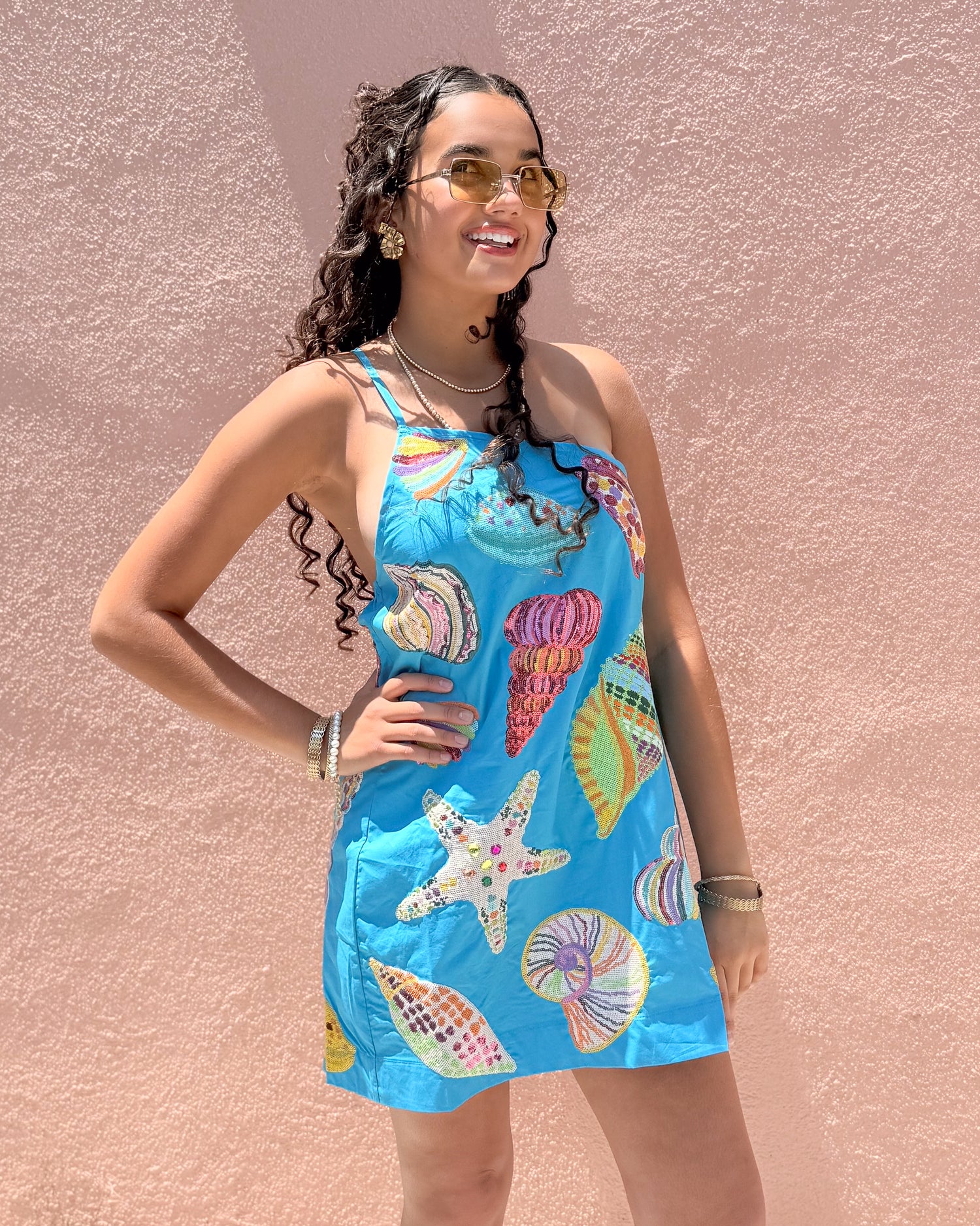 Aqua Multi Shell One Shoulder Dress