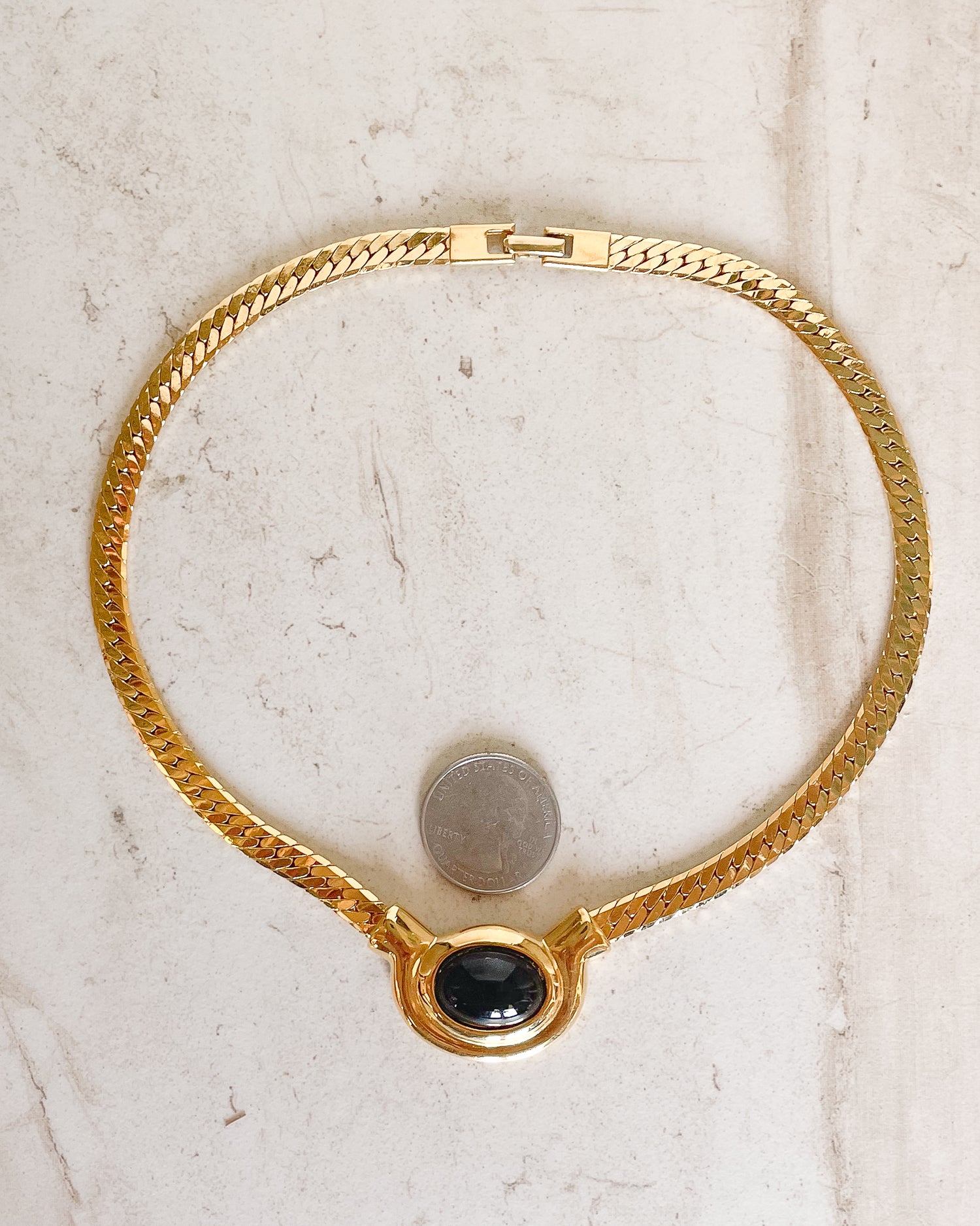 Vintage Signed Gold and Black Oval Stone Herringbone Necklace