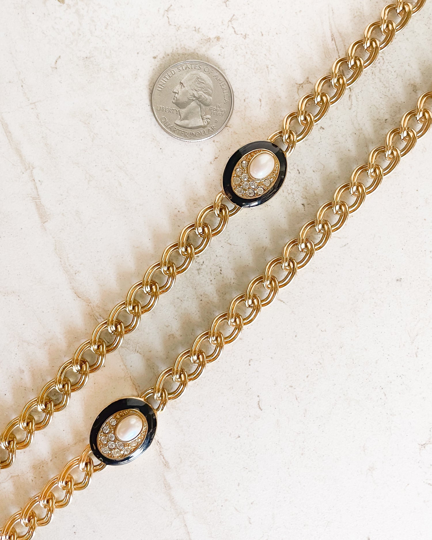 Vintage Faux Pearl Crystal Gold Chunky Chain Necklace