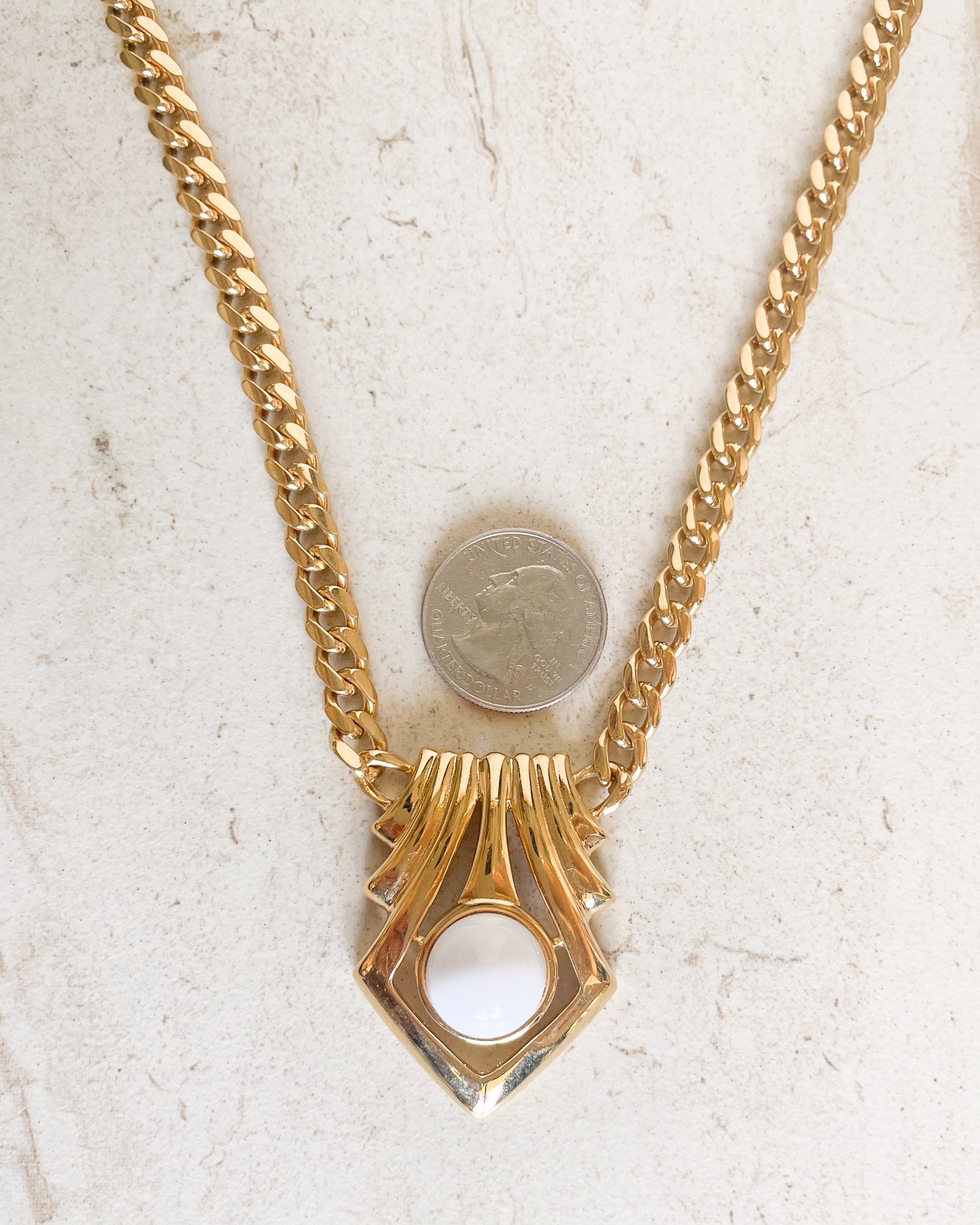 Vintage Signed Vintage Gold Tone White Cabochon Pendant Necklace