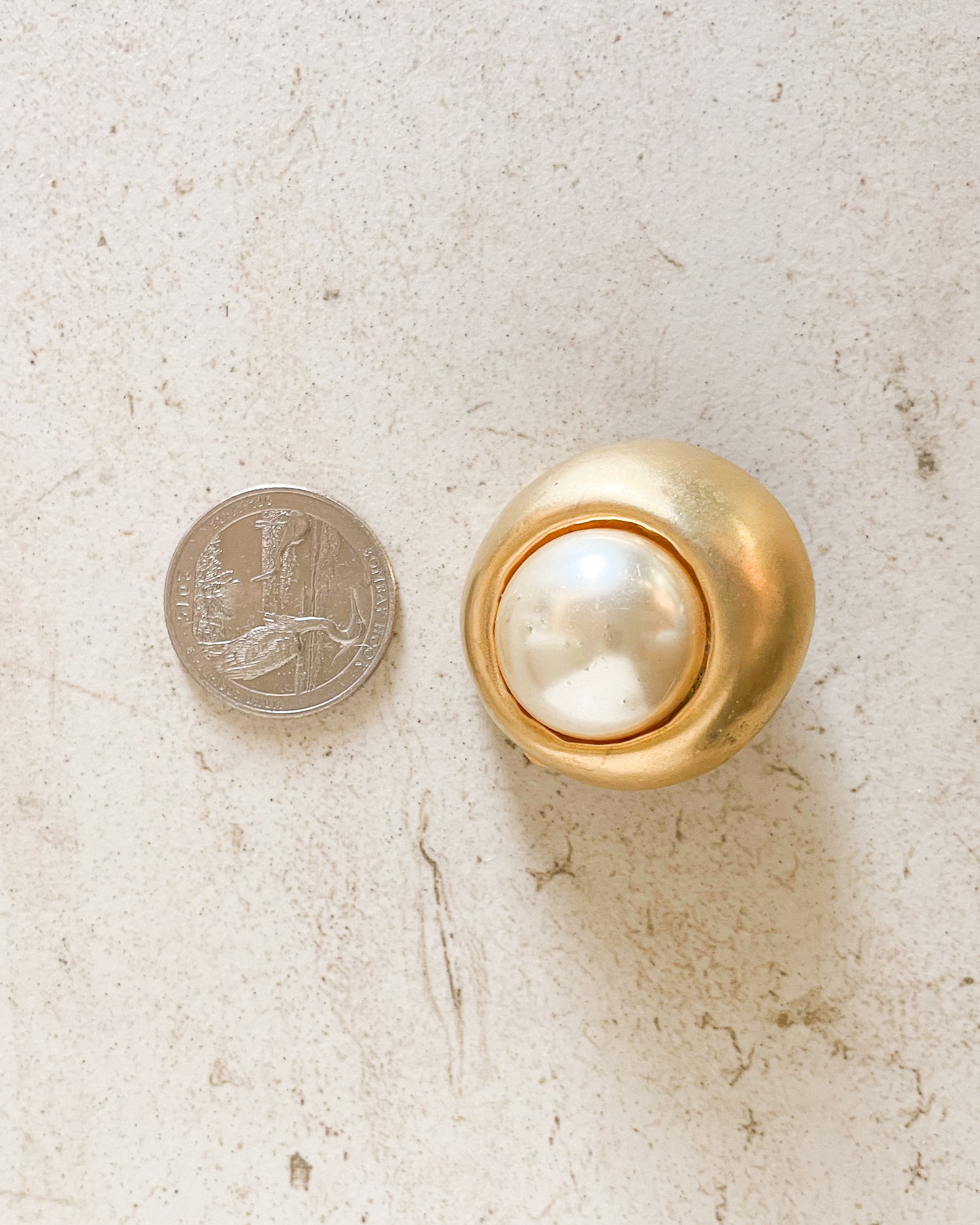 Vintage Gold Tone Matte Round Faux Pearl Clip On Earrings
