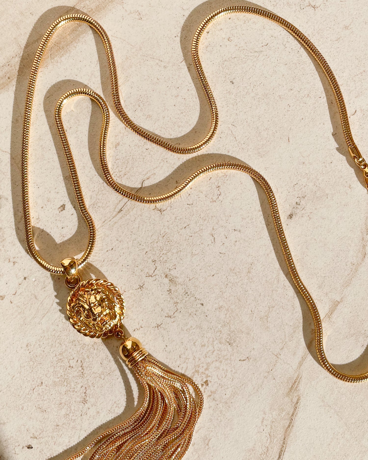 Vintage Lion Medallion w/ Tassel Gold Tone Necklace