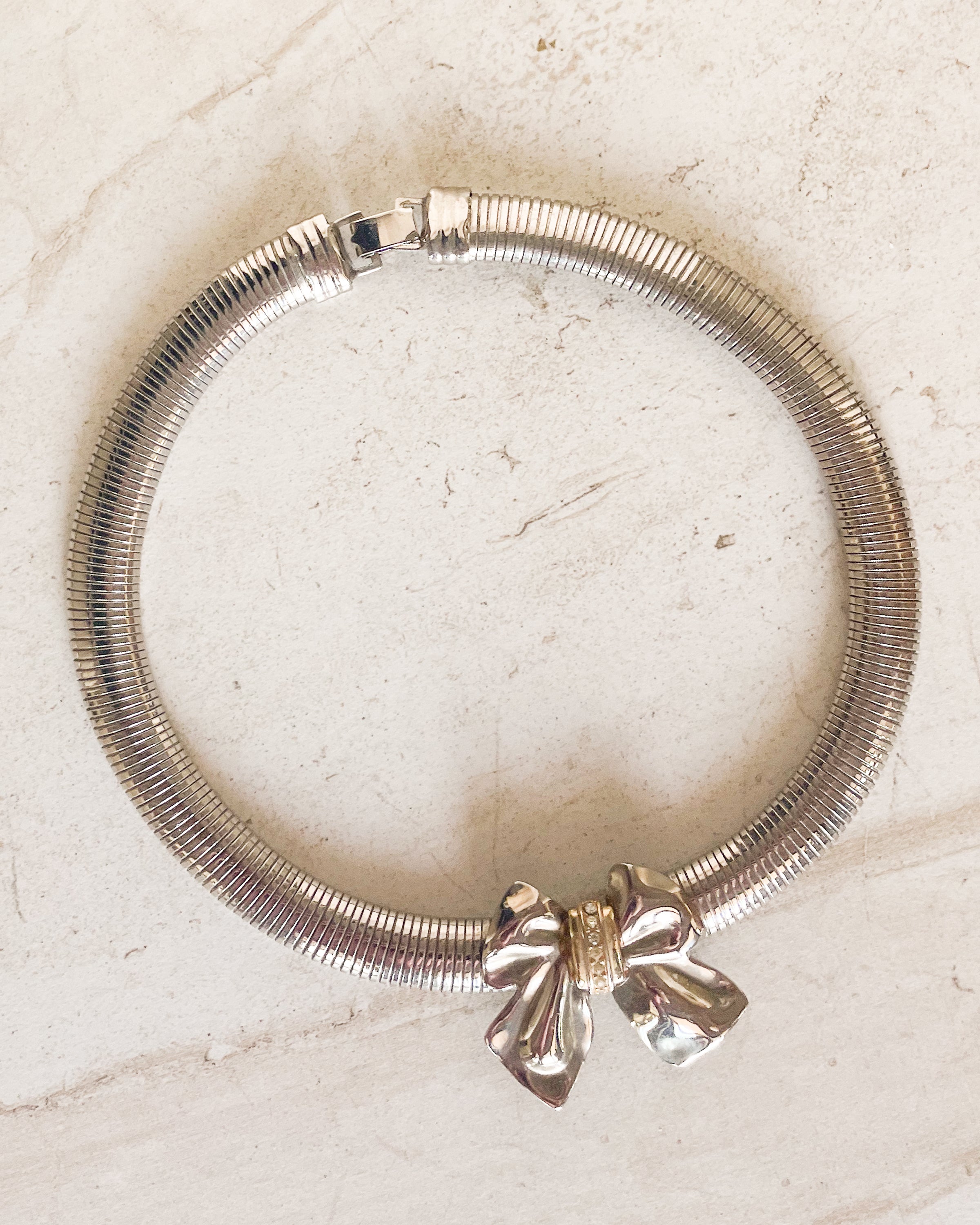Vintage two tone bow silver snake chain choker