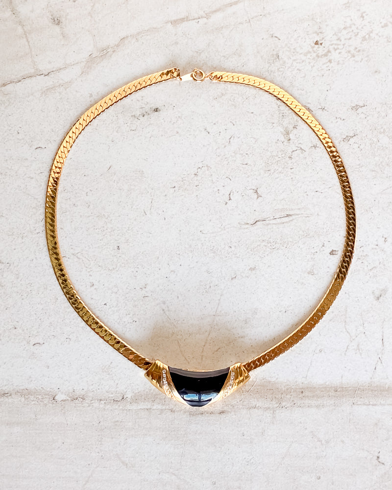 Vintage Signed curved black enamel pendant gold-tone chain necklace