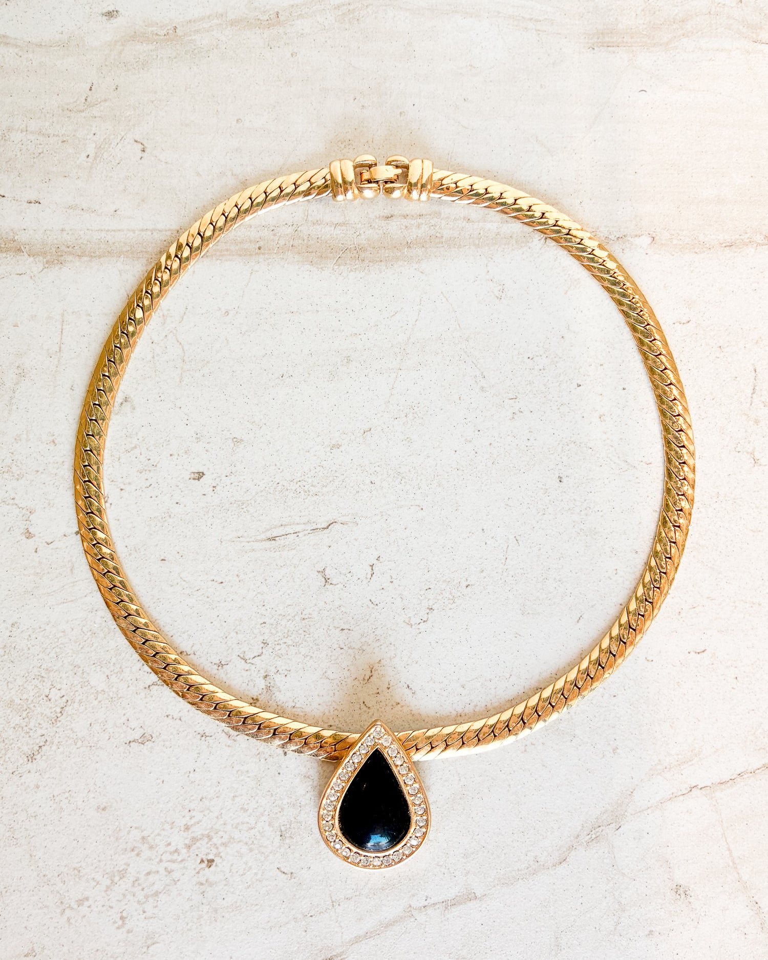 Vintage Signed Black Enamel Teardrop Crystal Necklace