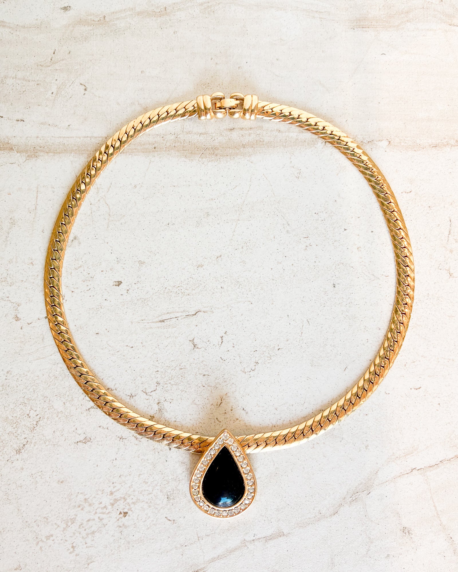 Vintage Signed Black Enamel Teardrop Crystal Necklace