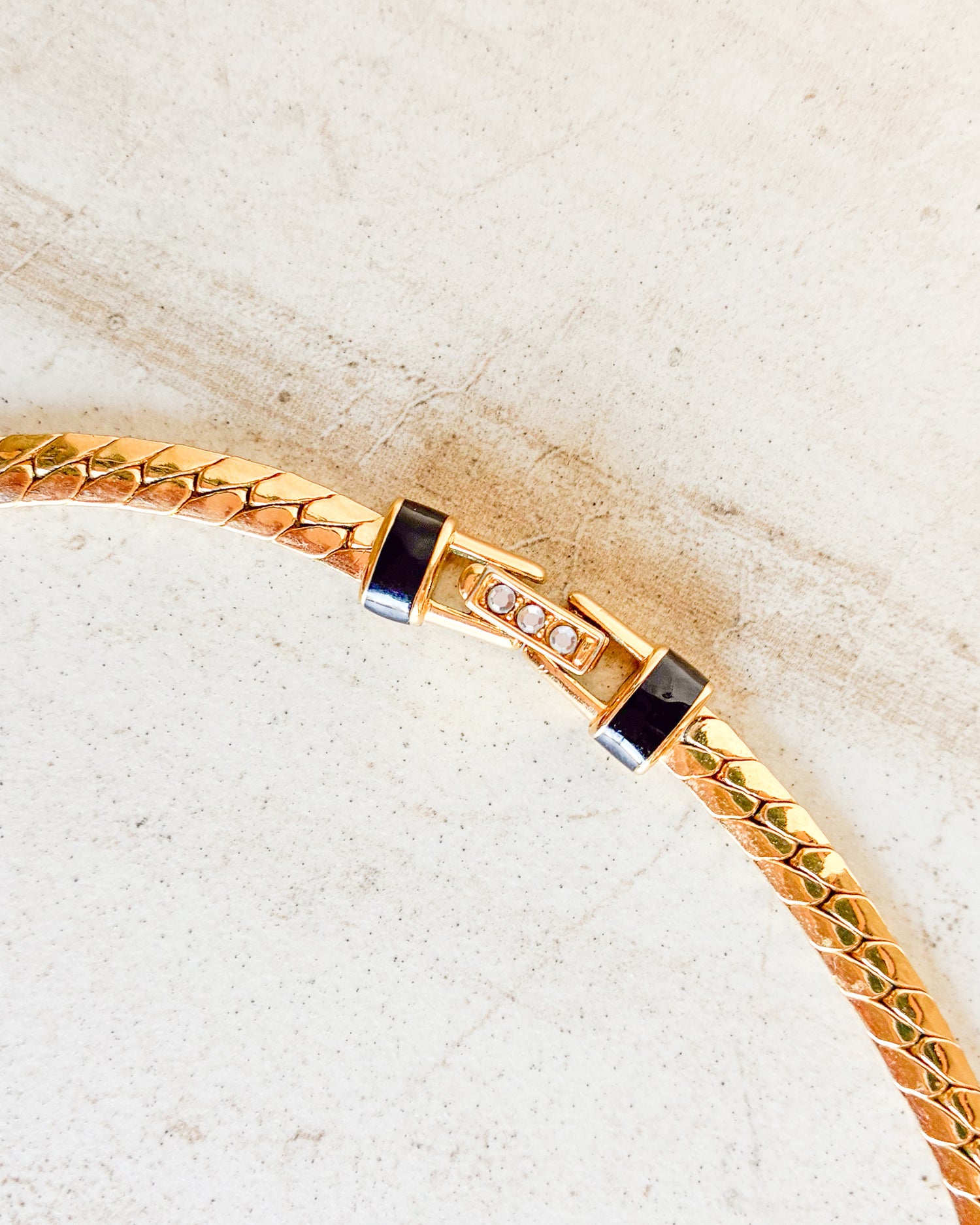 Vintage Signed Gold Tone Black Enamel Crystal Necklace