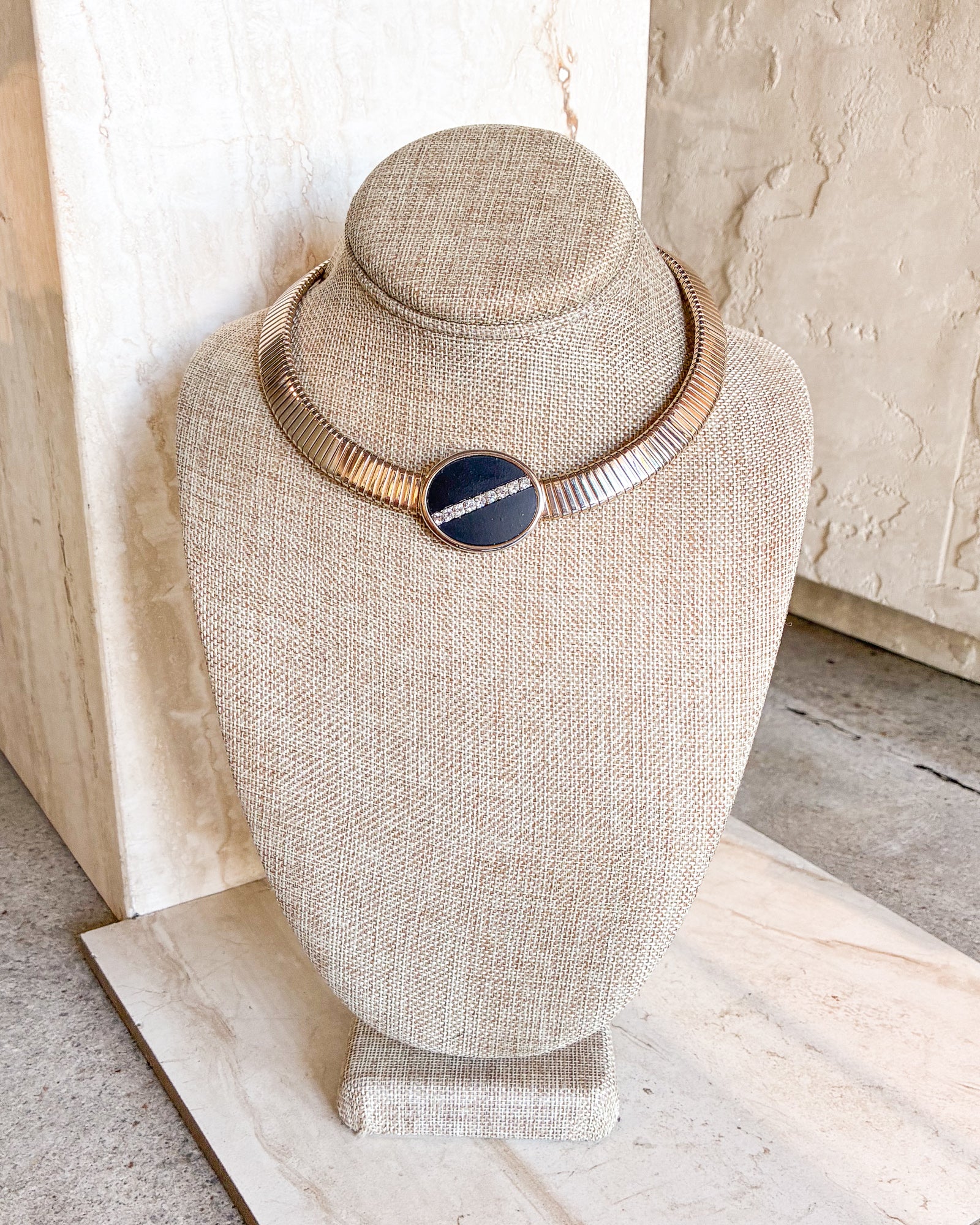 Vintage Black Enamel gold-tone omega necklace