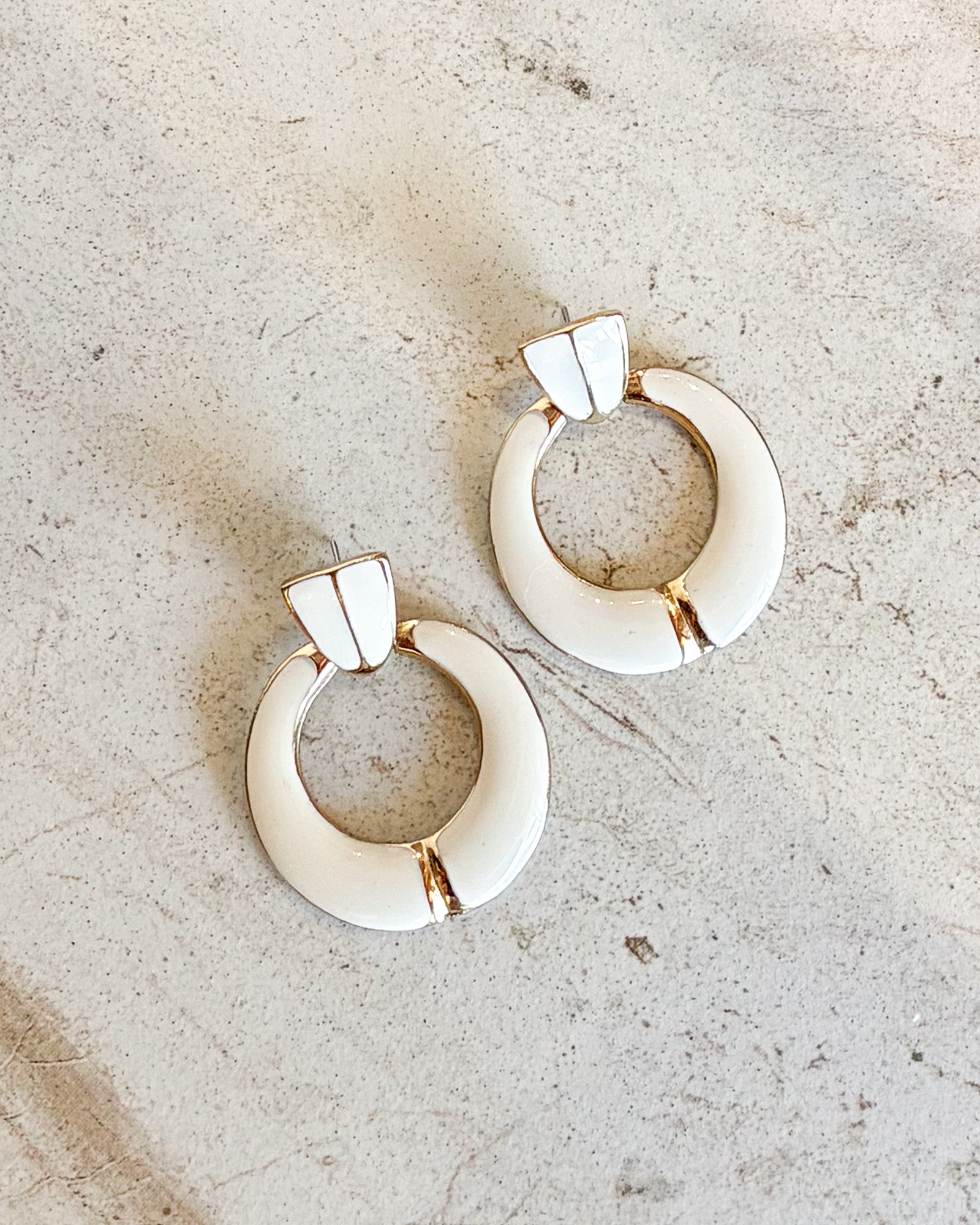 Vintage Gold Tone Cream Enamel Classic Pierced Earrings