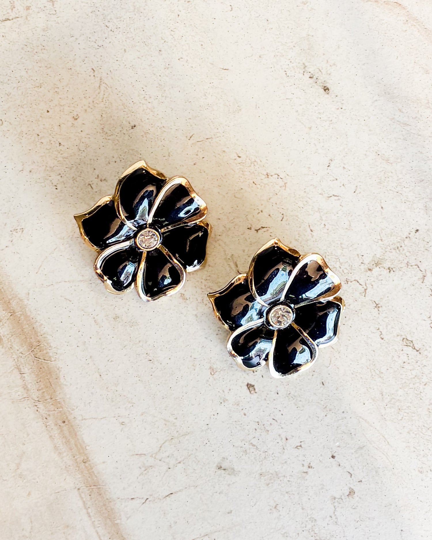 Vintage Black Enamel Flower Clip-On Earrings