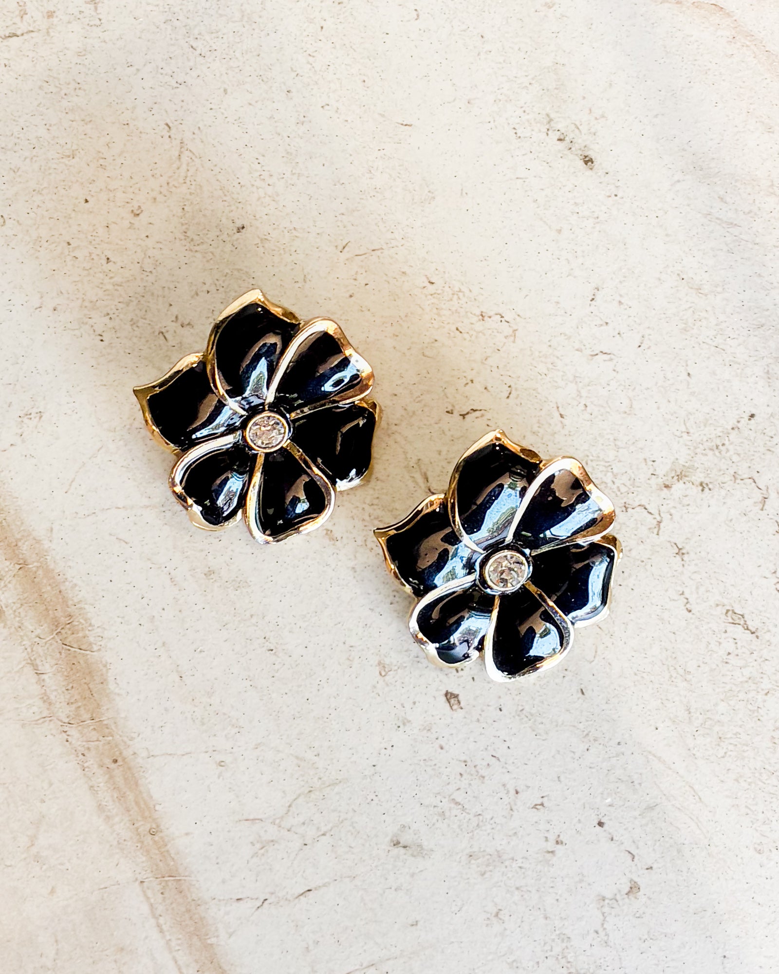 Vintage Black Enamel Flower Clip-On Earrings
