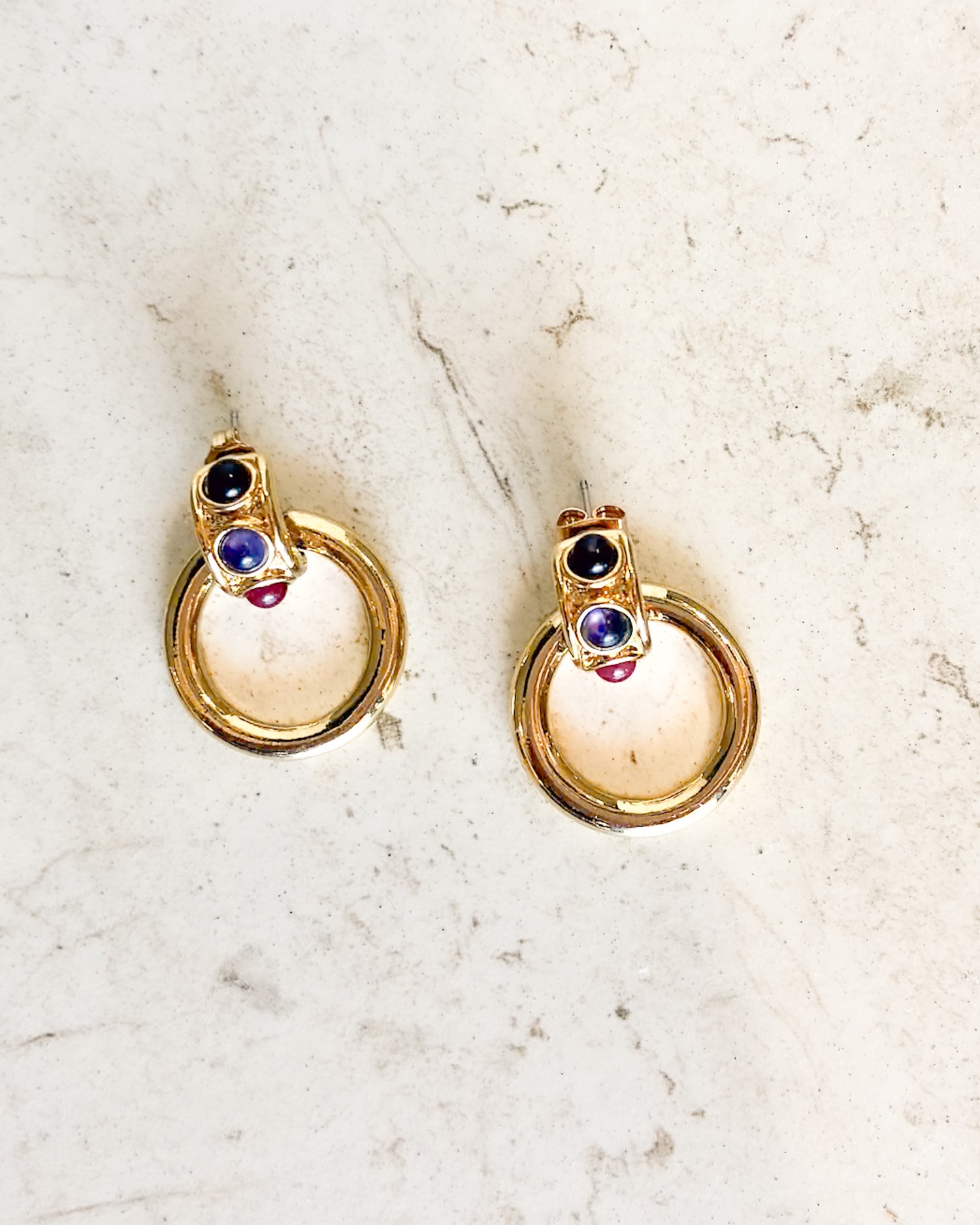 Vintage Signed Gold Ruby and amethyst Door Knocker Cable Hoop Earrings