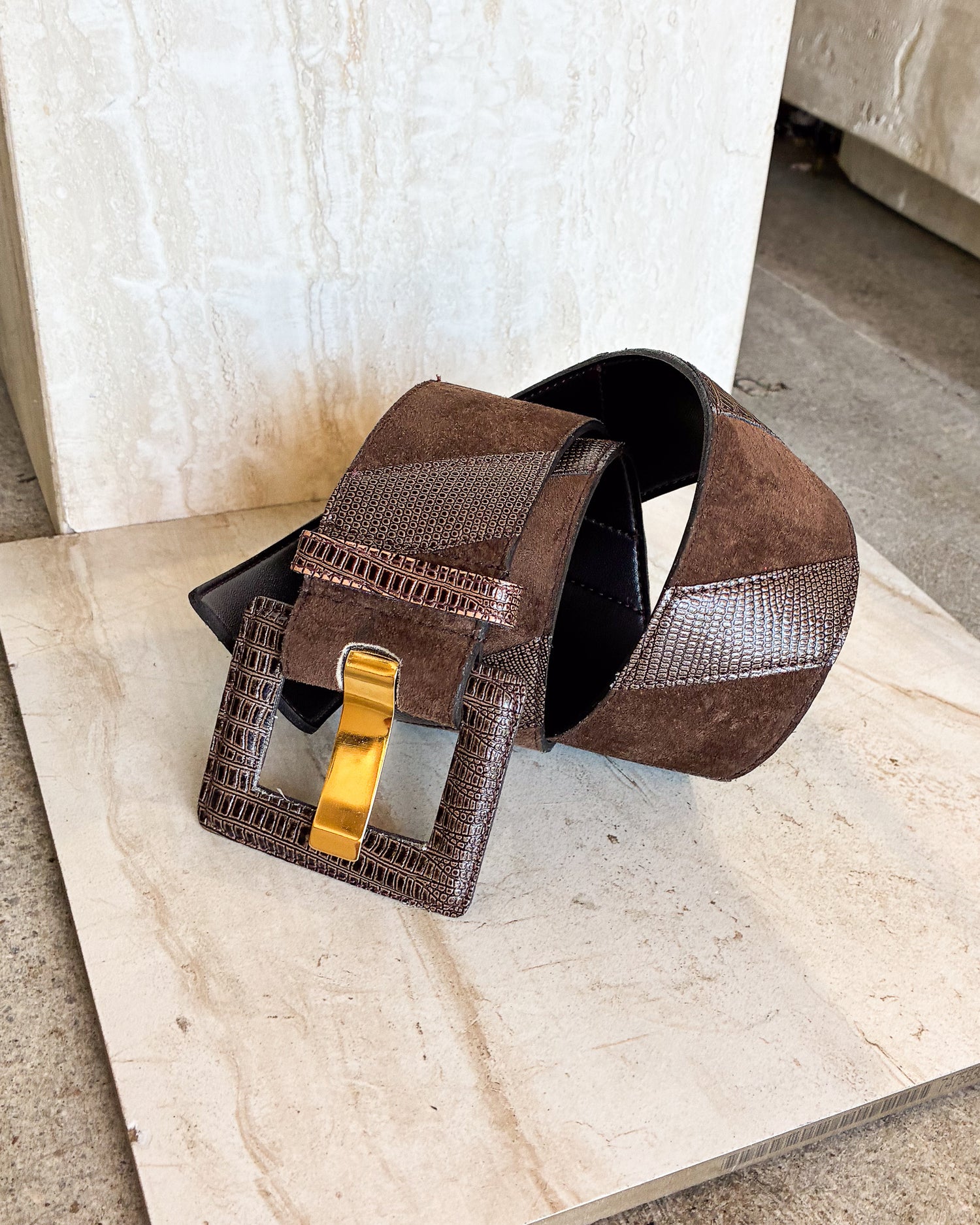 Vintage Boho Leather Belt With Reptile Print Patches size small