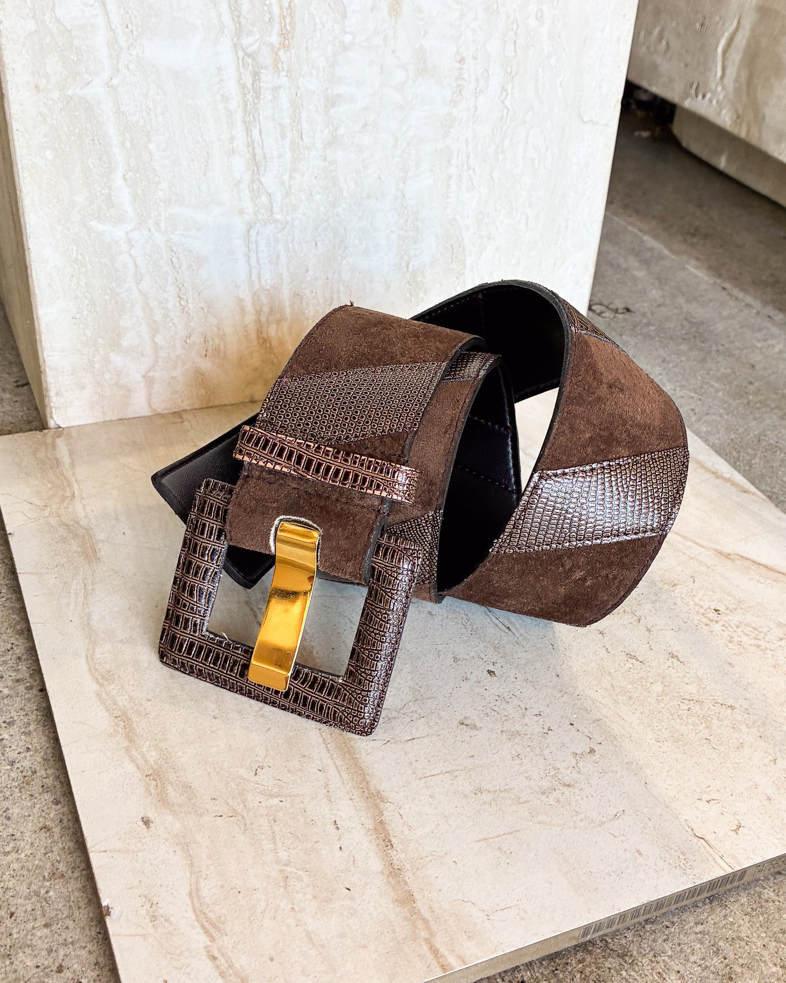 Vintage Boho Leather Belt With Reptile Print Patches size small