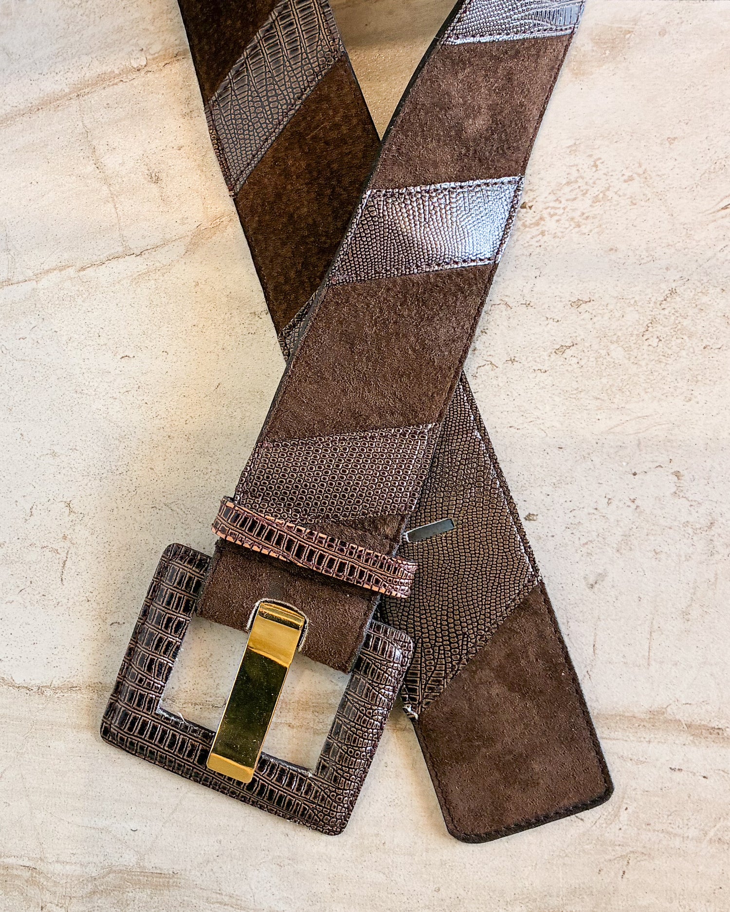 Vintage Boho Leather Belt With Reptile Print Patches size small