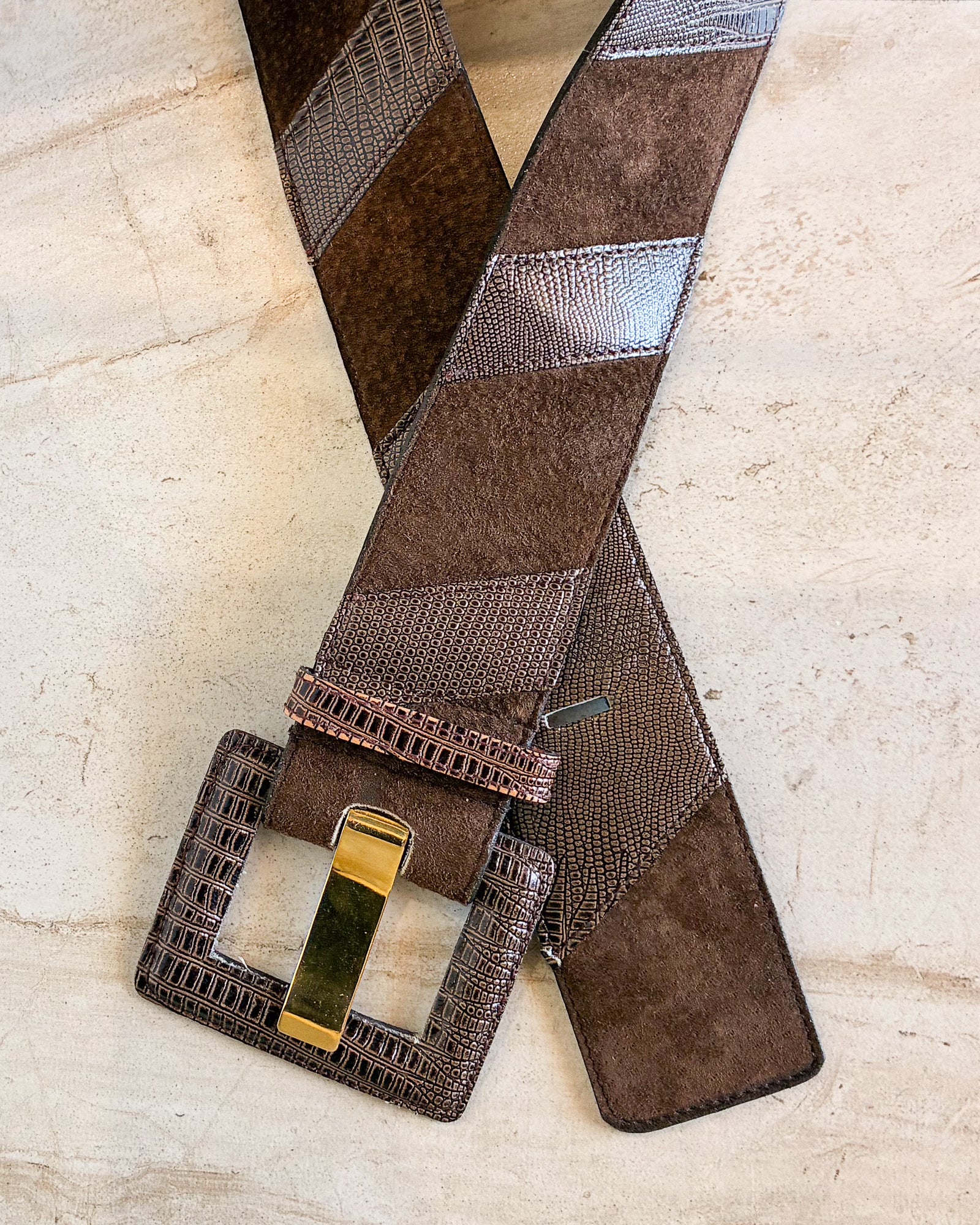 Vintage Boho Leather Belt With Reptile Print Patches size small