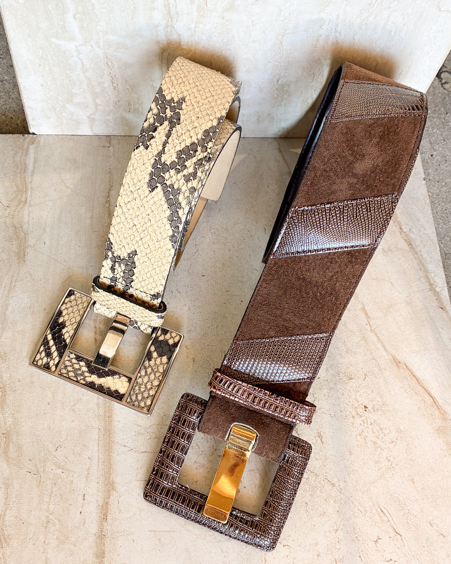 Vintage Boho Leather Belt With Reptile Print Patches size small