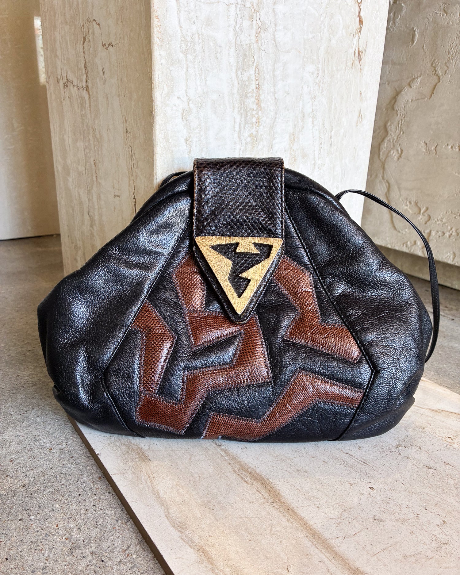 Vintage Brown/Black/Gold Leather Patchwork Snake Embossed Crossbody Bag
