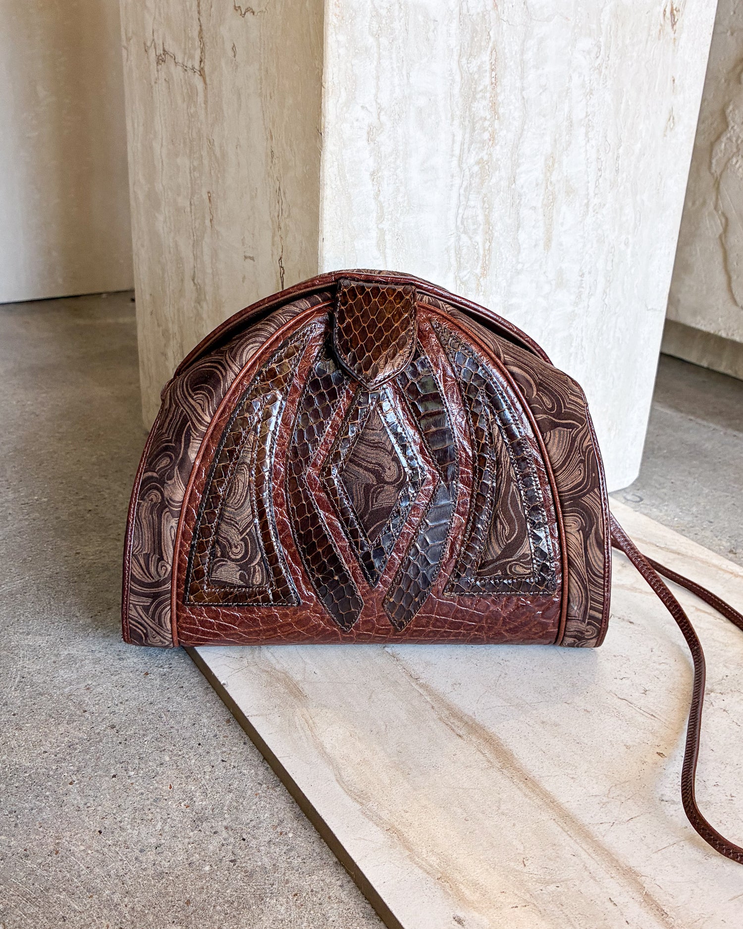 Vintage Brown Embossed Leather Reptile Shoulder Crossbody Bag
