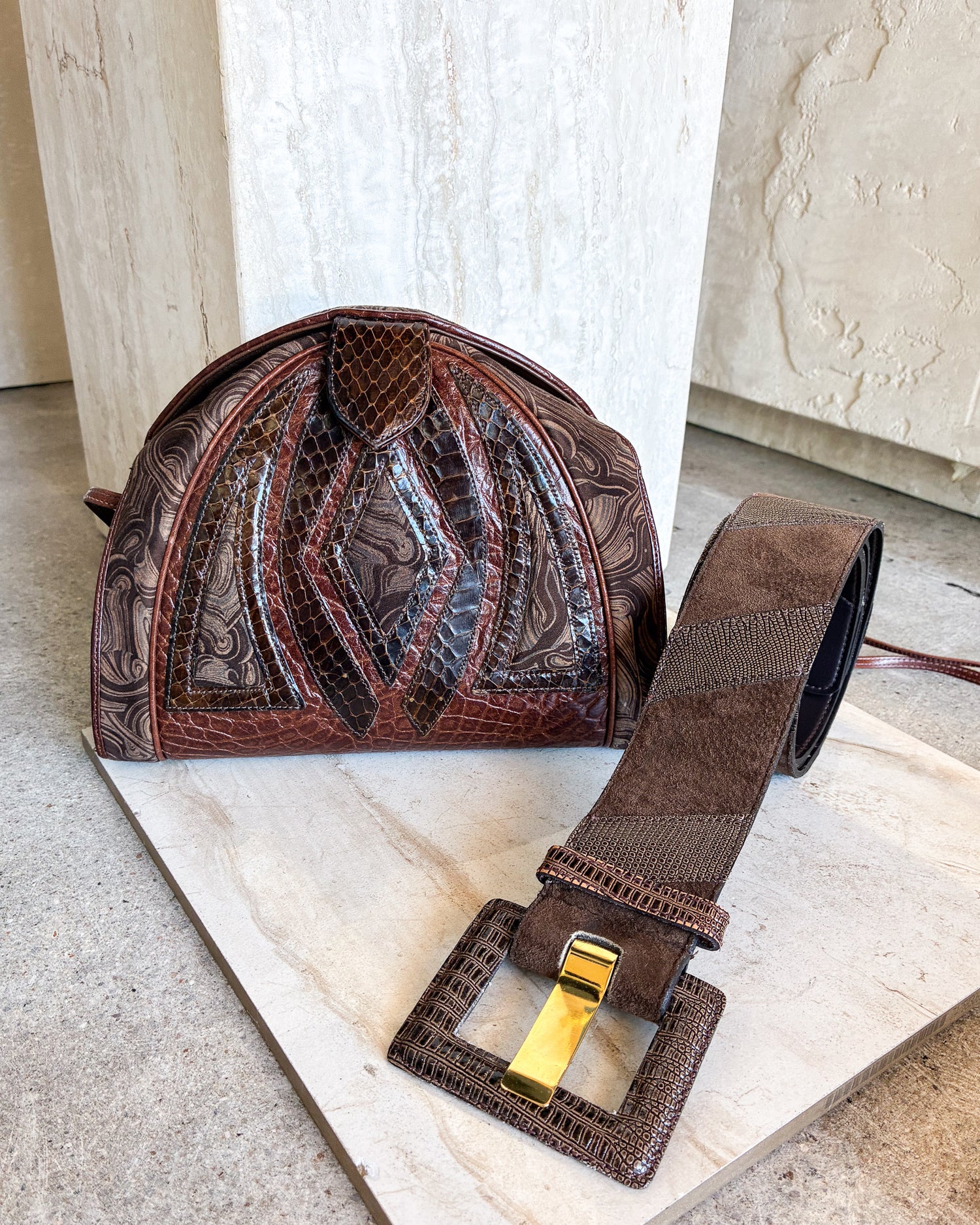 Vintage Brown Embossed Leather Reptile Shoulder Crossbody Bag