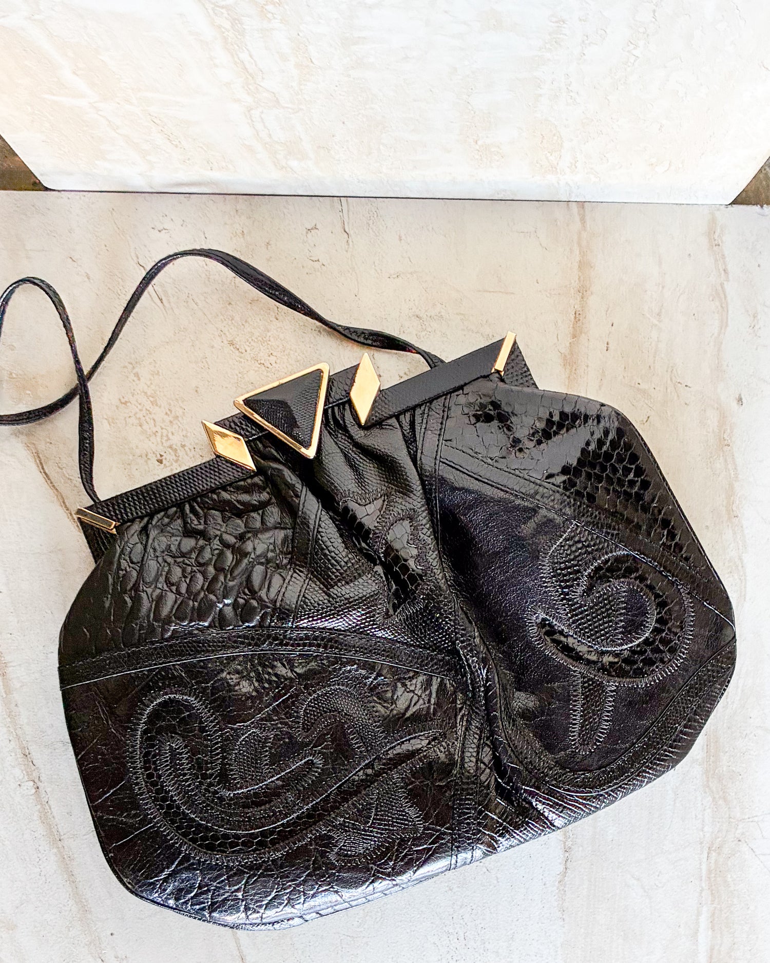 Vintage Black Leather Python Evening Clutch