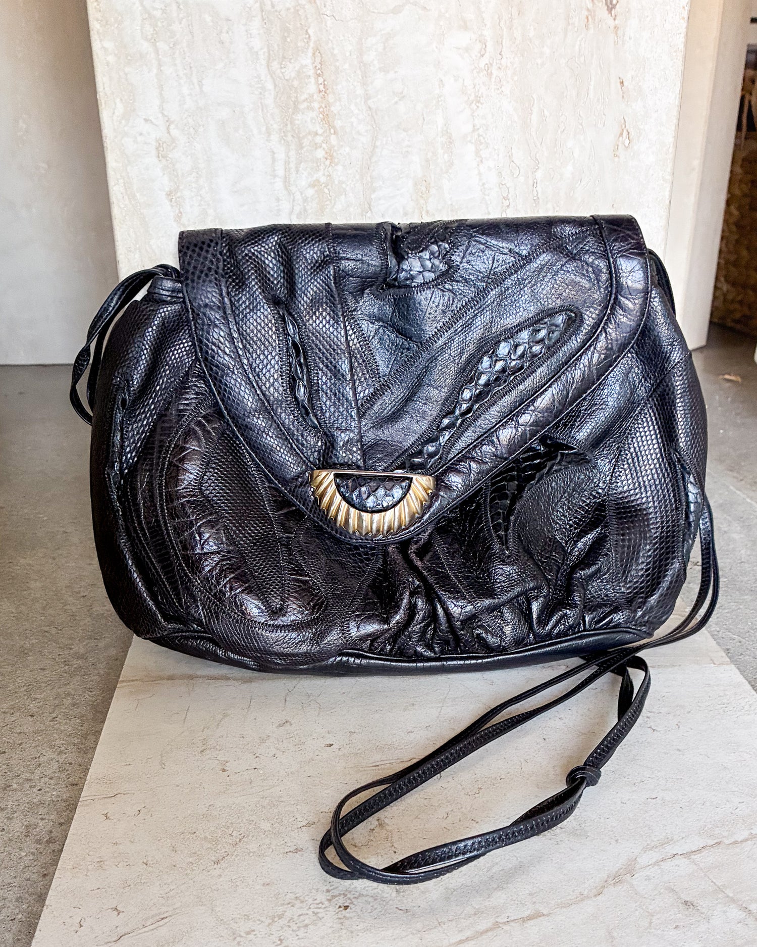 Vintage 90's Patchwork Embossed Croc Snakeskin Leather Crossbody Purse
