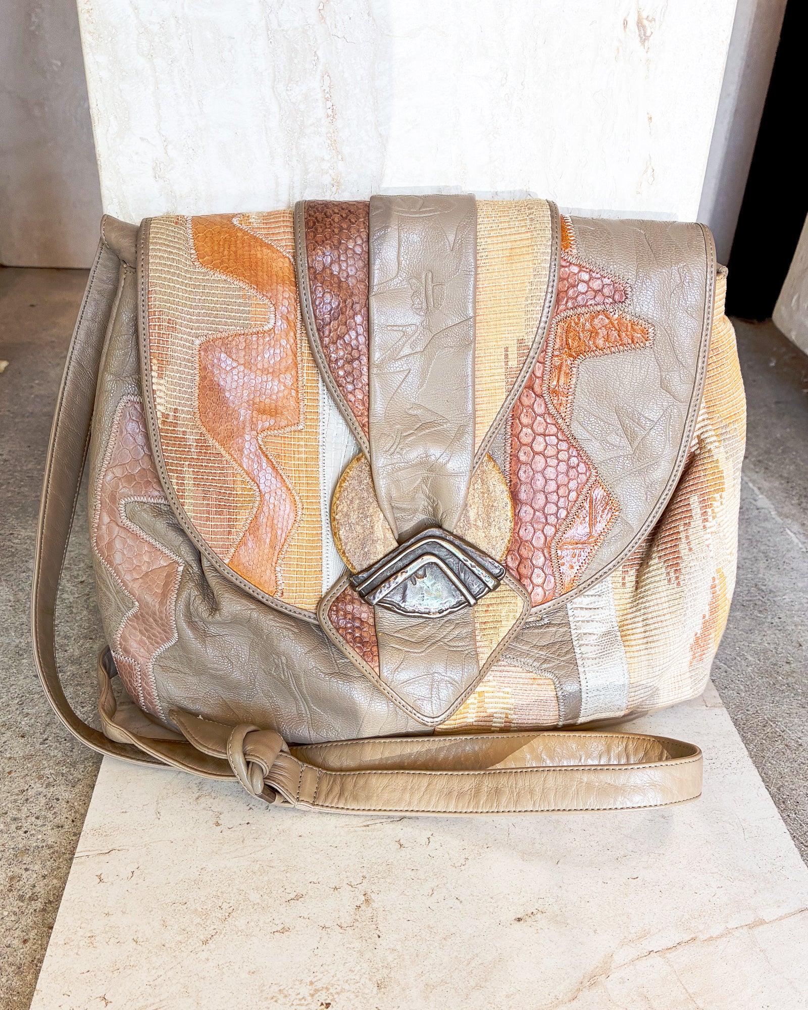 Vintage Tan and Beige Patchwork Leather Shoulder Bag
