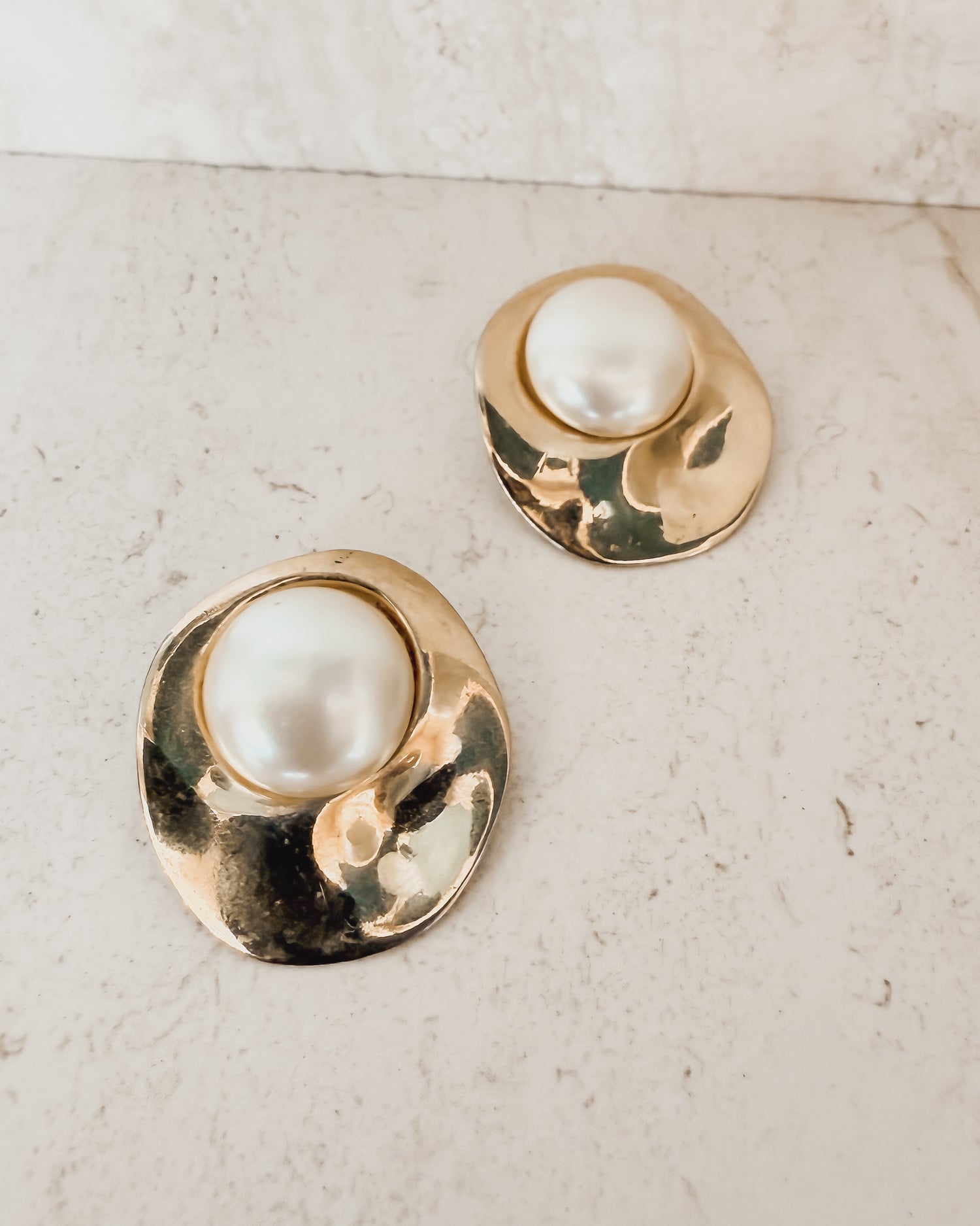 Vintage Gold-Tone Discs and Pearl Clip Earrings