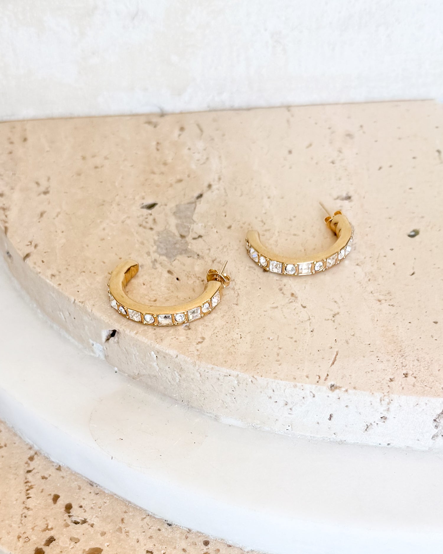Vintage Gold Tone Crystal Half Hoop Earrings