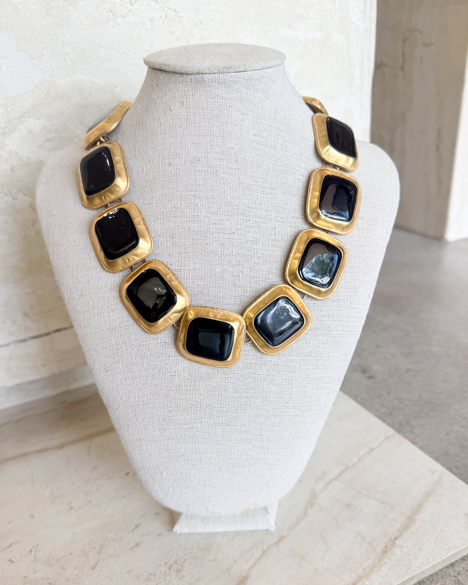 Vintage Massive Black Medallion Link Collar Necklace