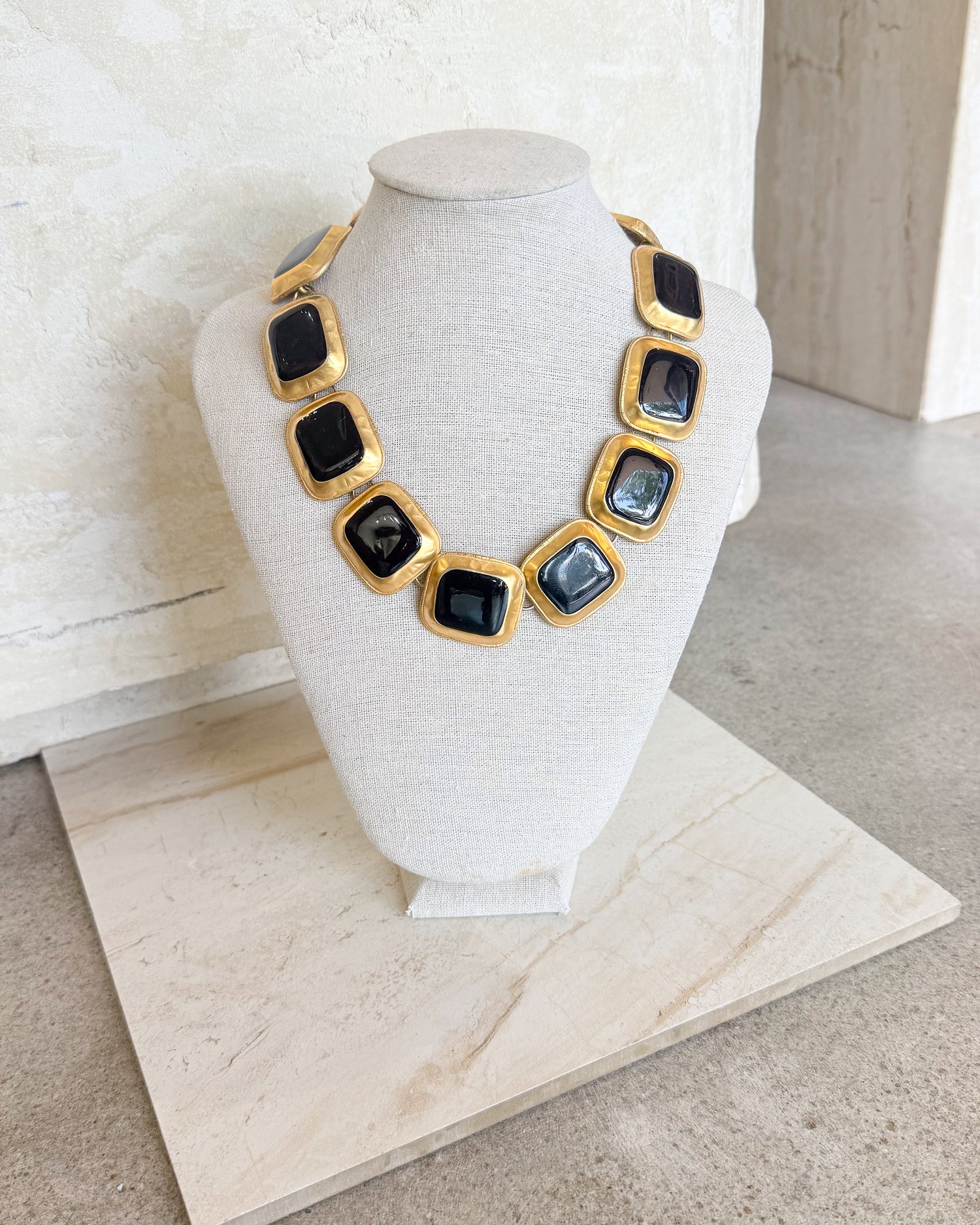 Vintage Massive Black Medallion Link Collar Necklace