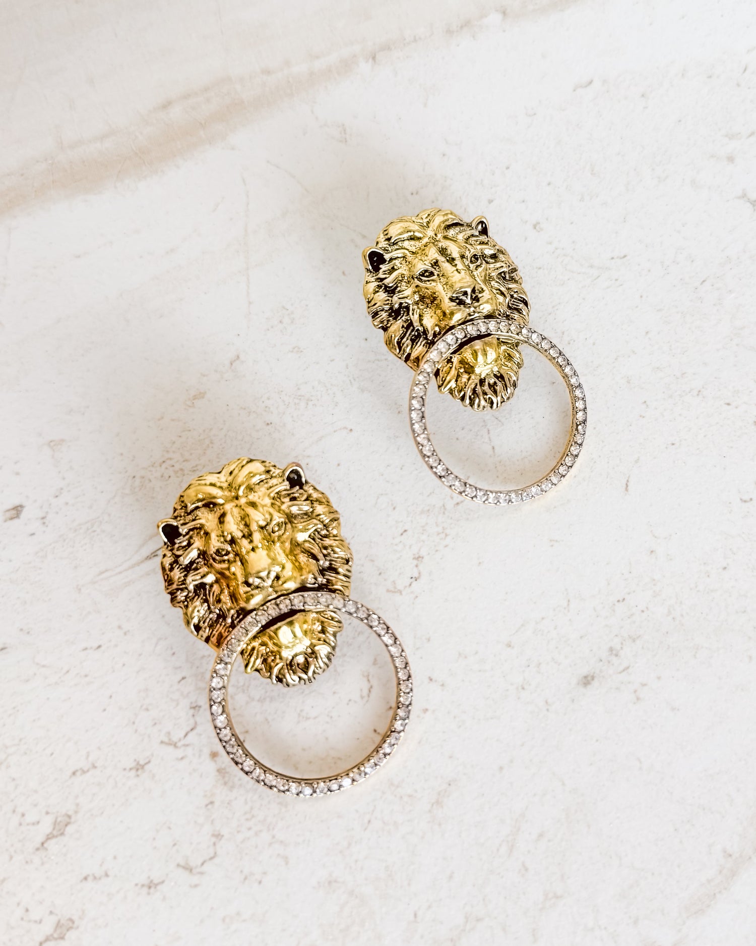 Vintage Gold Lion Head With Rhinestone Circle Earrings