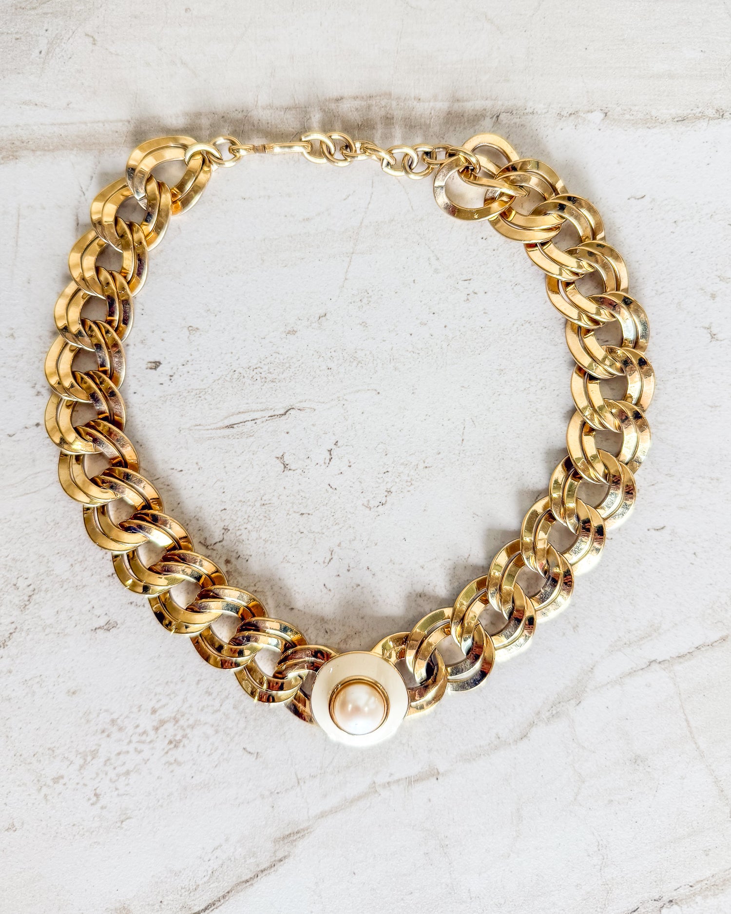 Vintage Pearl Cabochons Double Link Gold Necklace