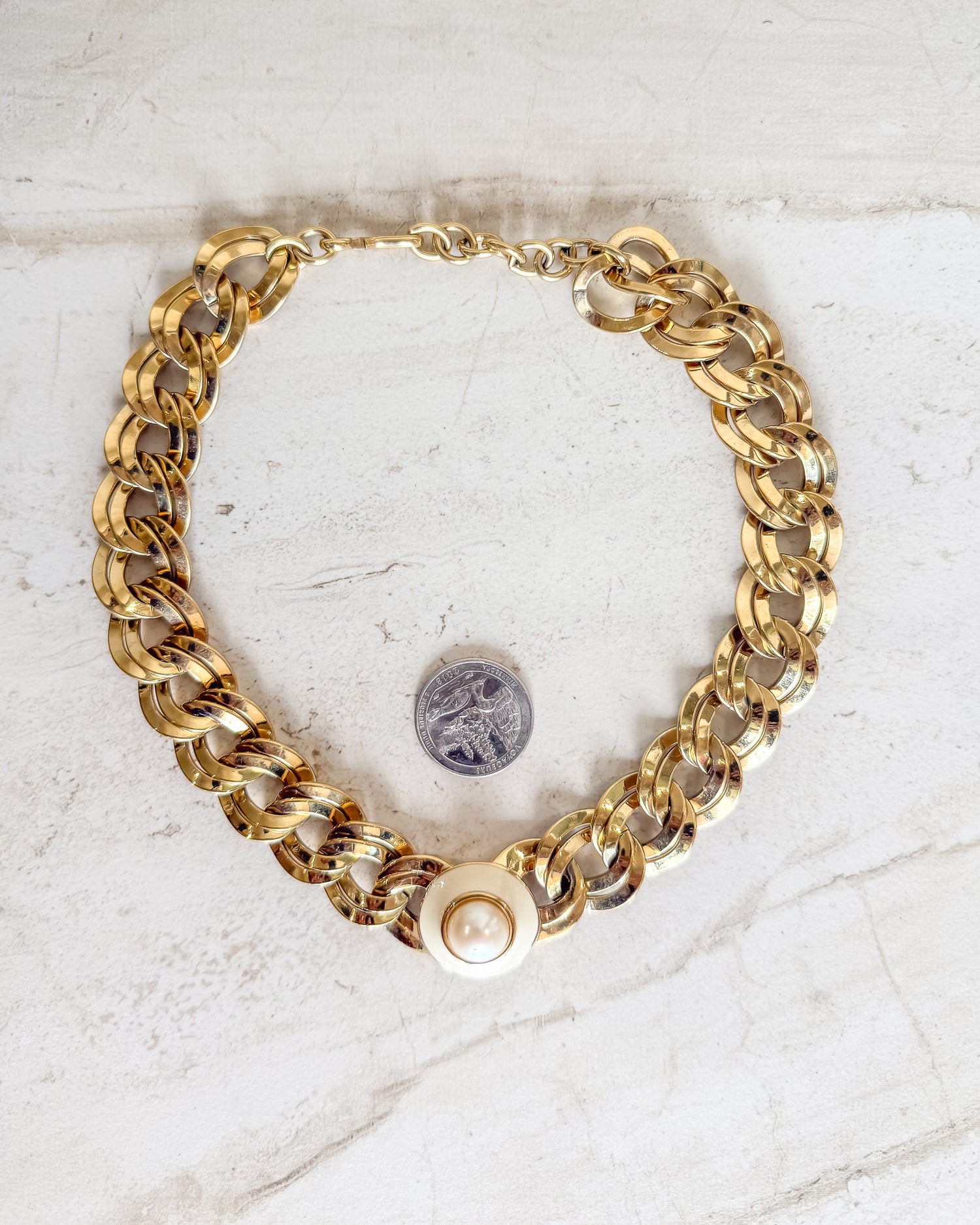 Vintage Pearl Cabochons Double Link Gold Necklace
