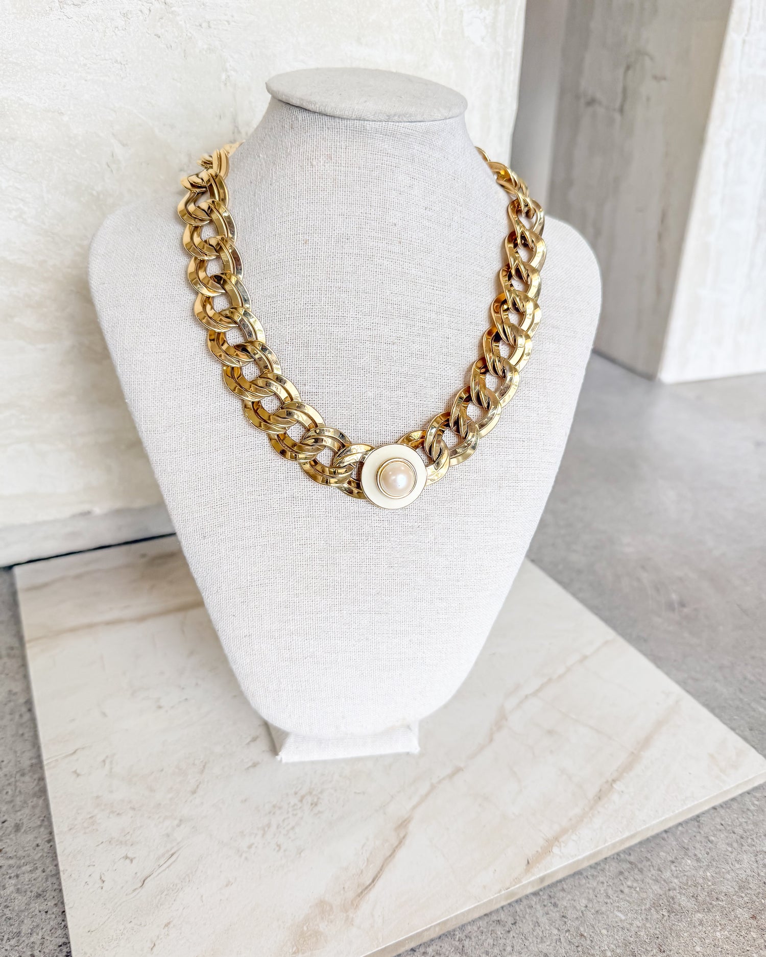 Vintage Pearl Cabochons Double Link Gold Necklace