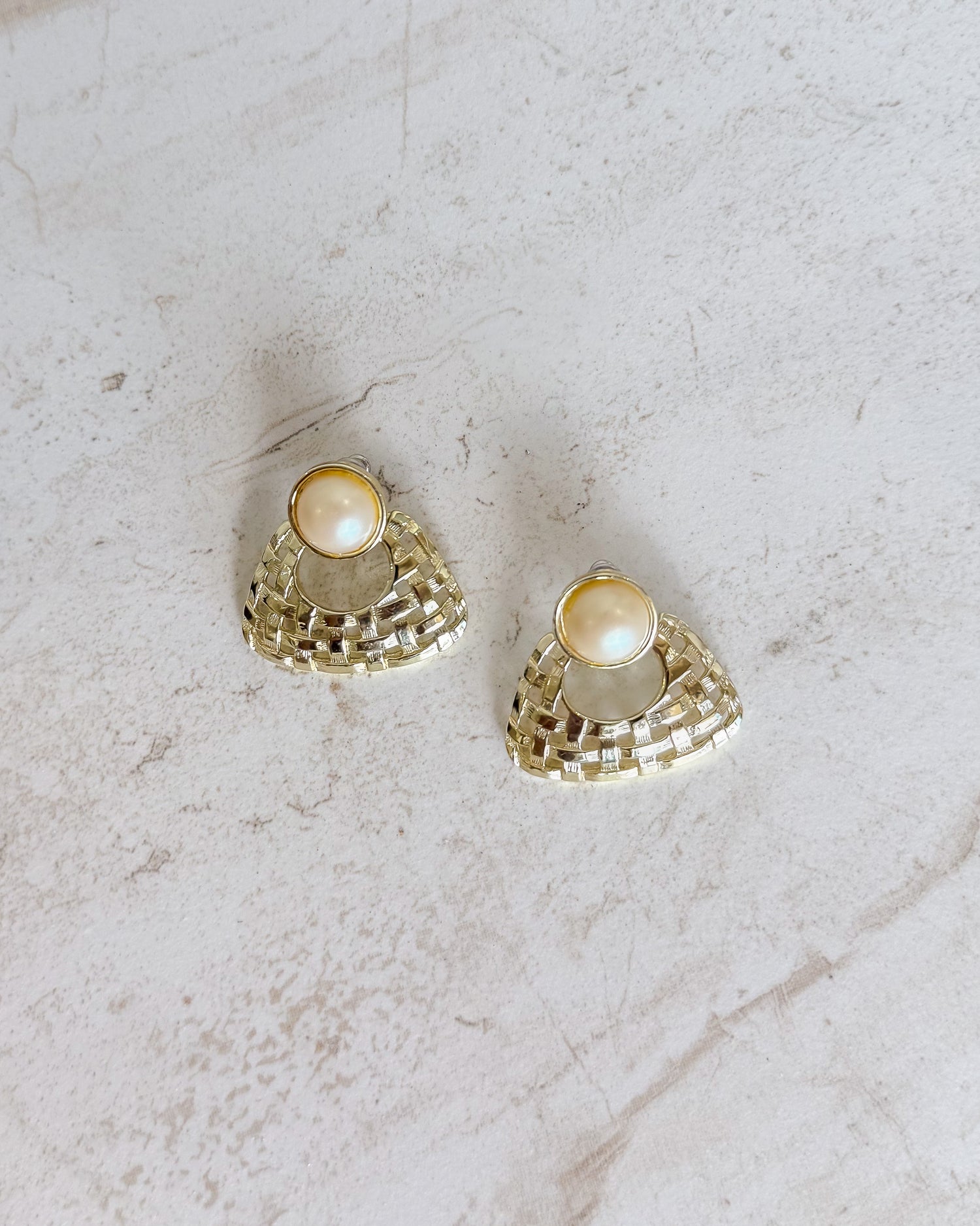 Vintage Pearl Cabochons Textured Gold Earrings
