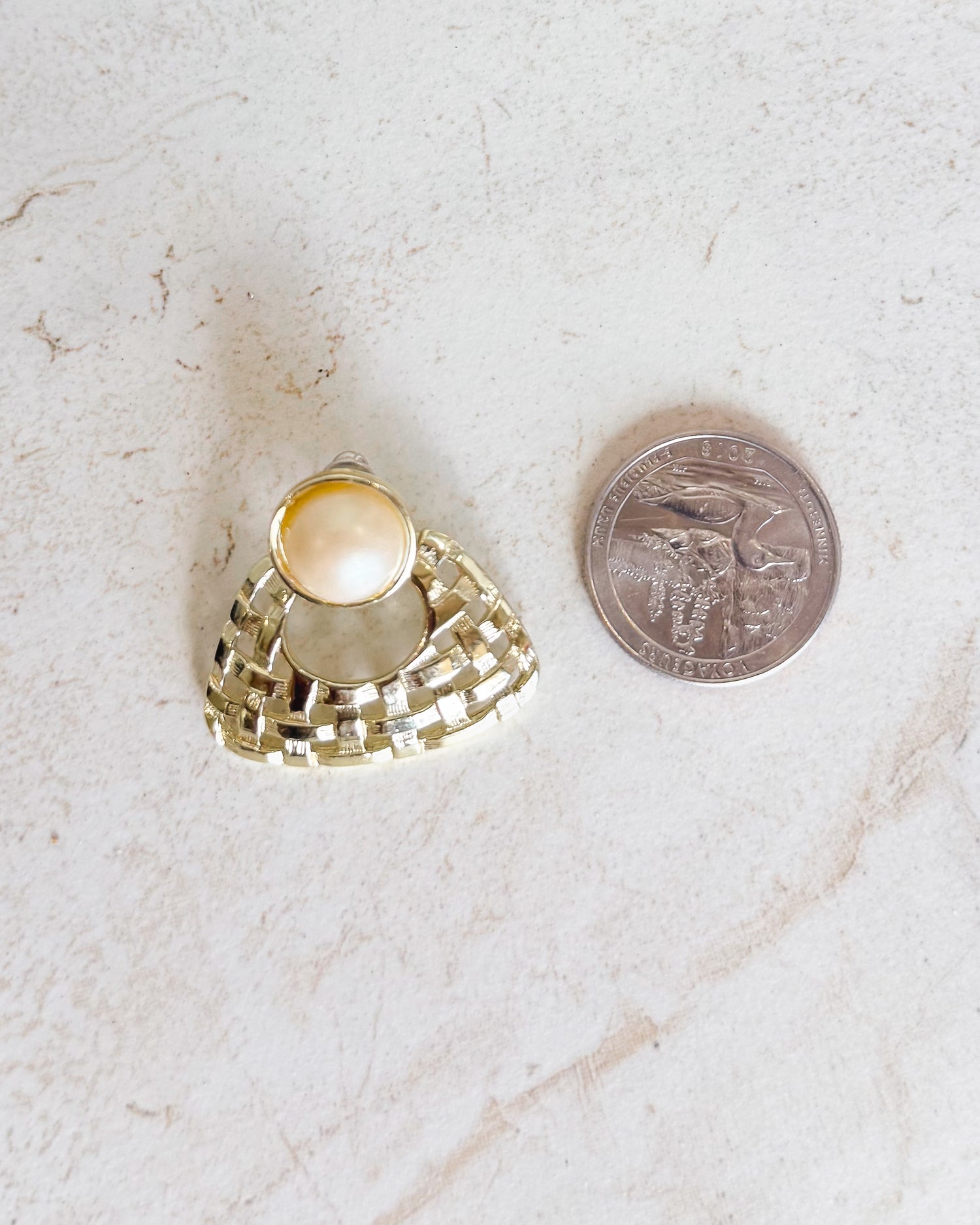 Vintage Pearl Cabochons Textured Gold Earrings