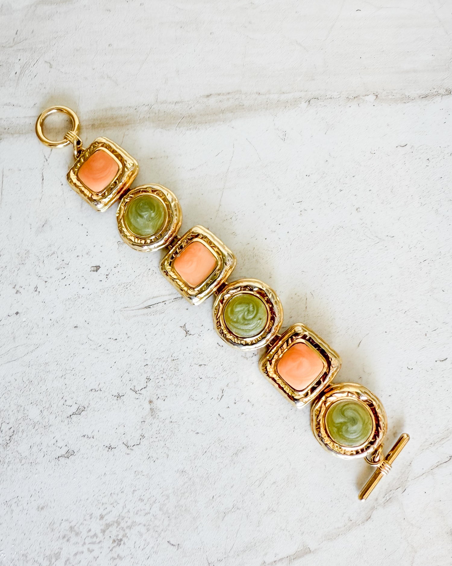 Vintage Gold-tone Green & Peache Enamel Link Bracelet