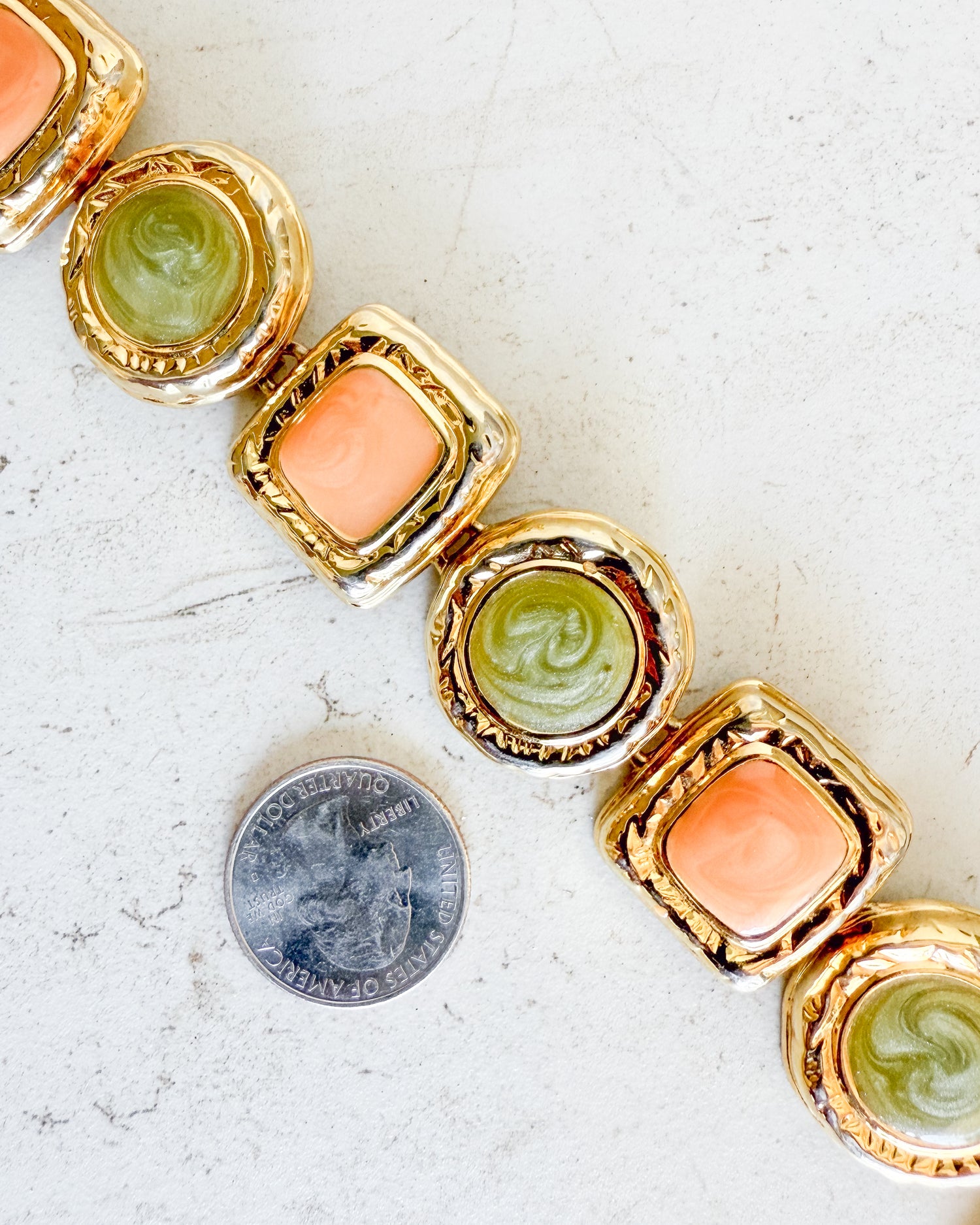 Vintage Gold-tone Green & Peache Enamel Link Bracelet