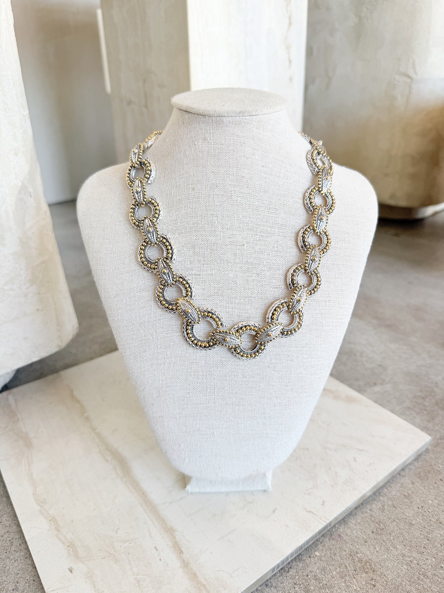 Vintage Two Tone Studded Interlocking Chain Necklace