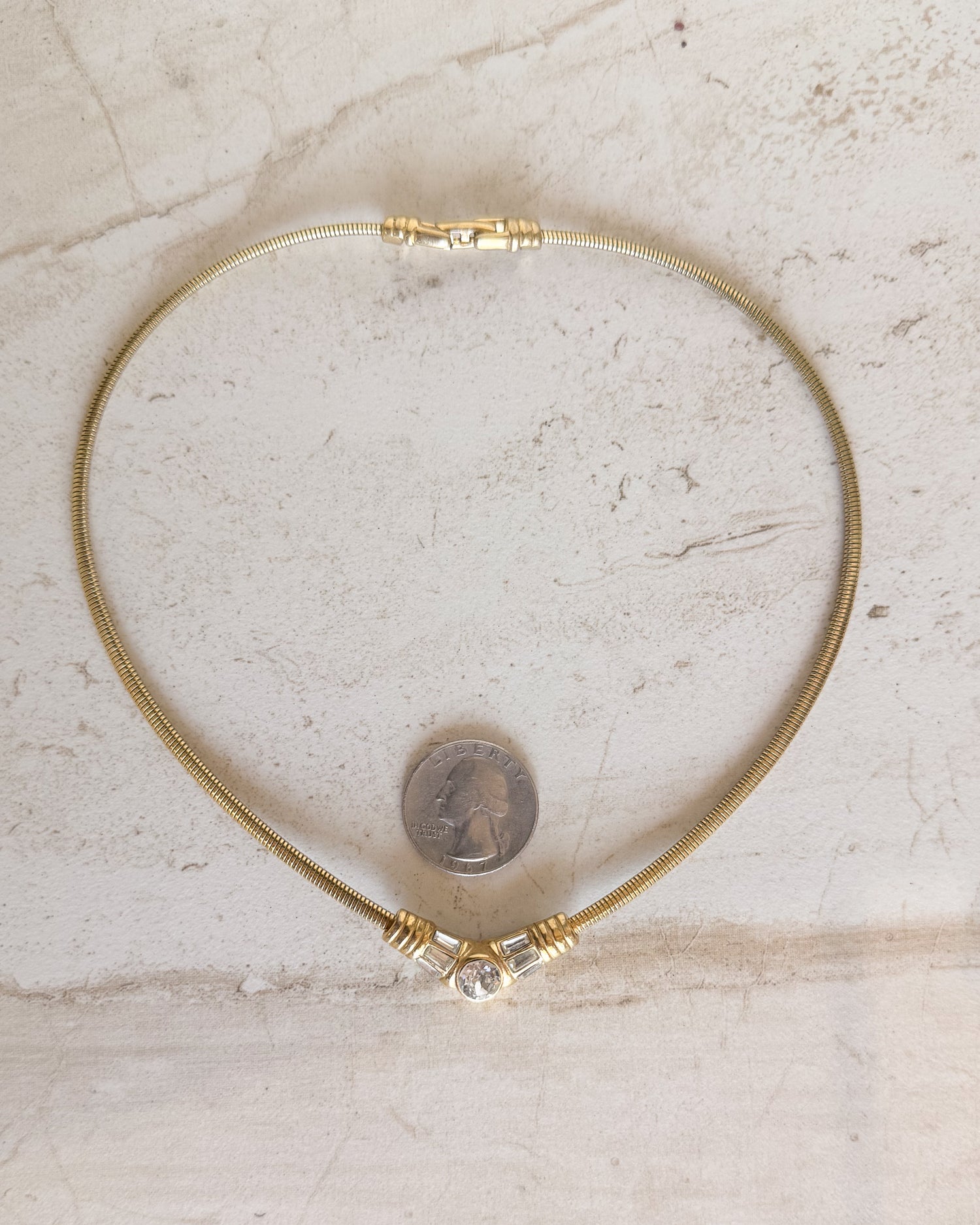 Vintage Monet V Neck Chevron Gold & Rhinestone Necklace