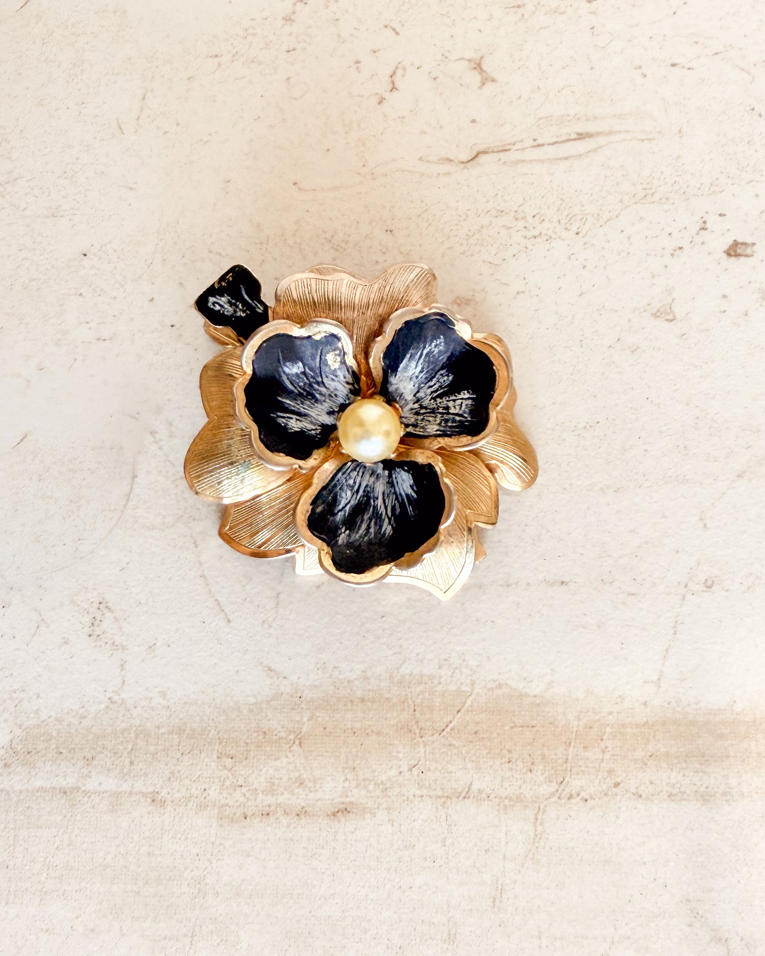 Vintage Gold and Black Flower Brooch