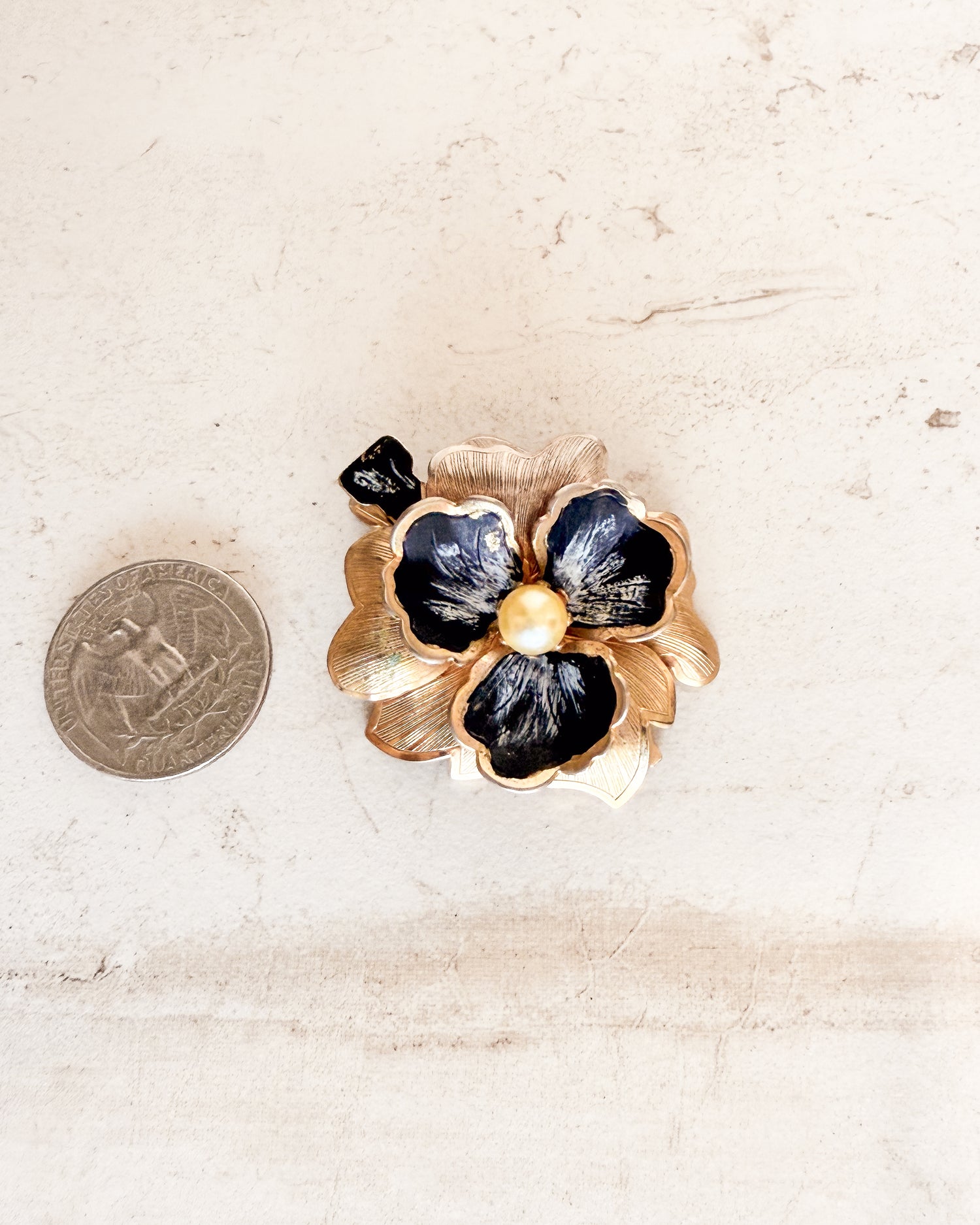 Vintage Gold and Black Flower Brooch