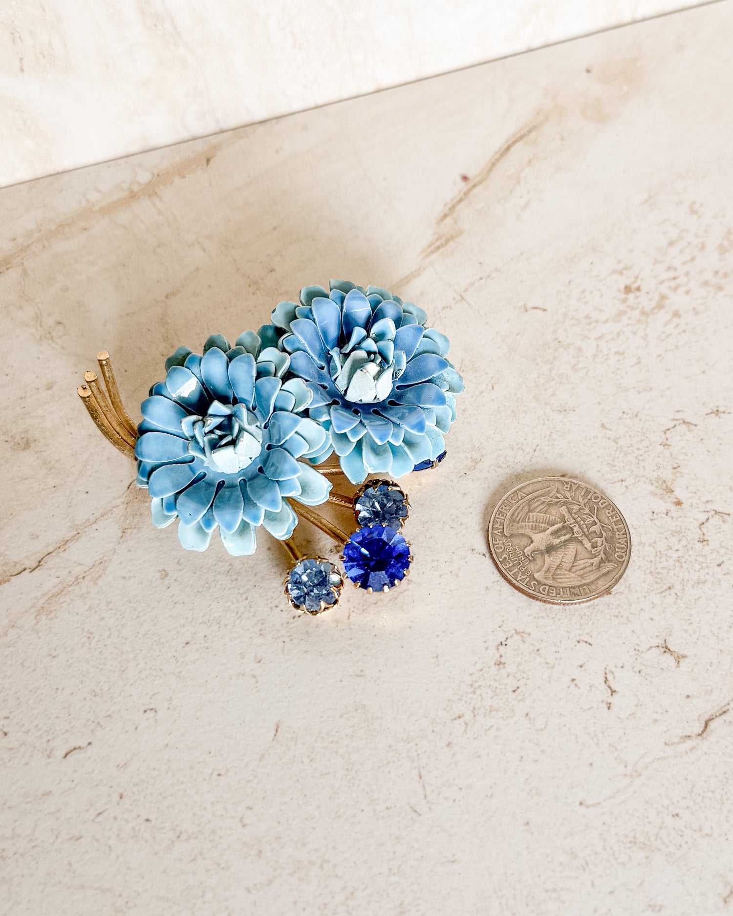 Vintage Brooch Blue Enamel Flower Metal Pin