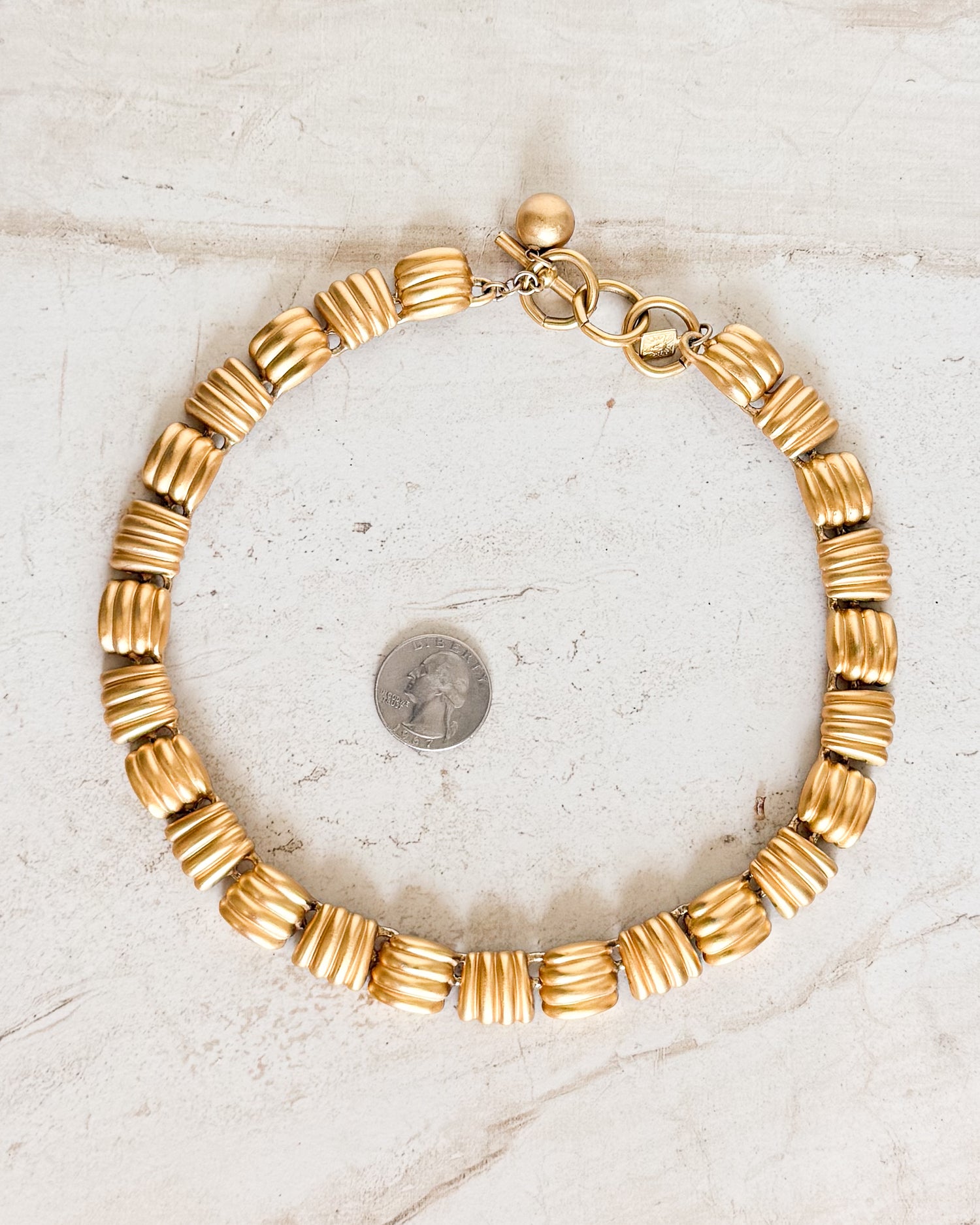 Vintage Anne Klein Couture Brushed Gold Tone Basketweave Square Link Necklace