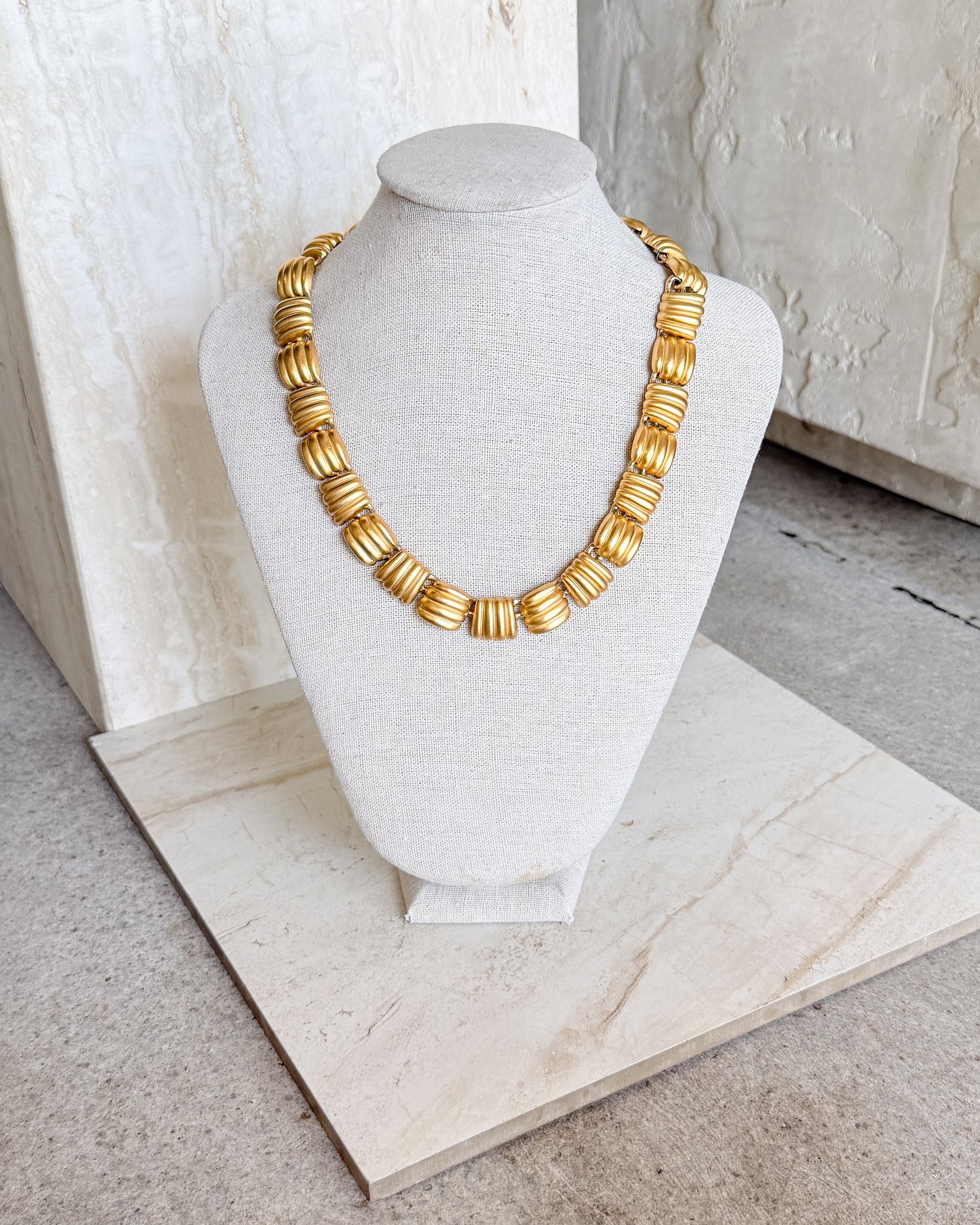 Vintage Anne Klein Couture Brushed Gold Tone Basketweave Square Link Necklace