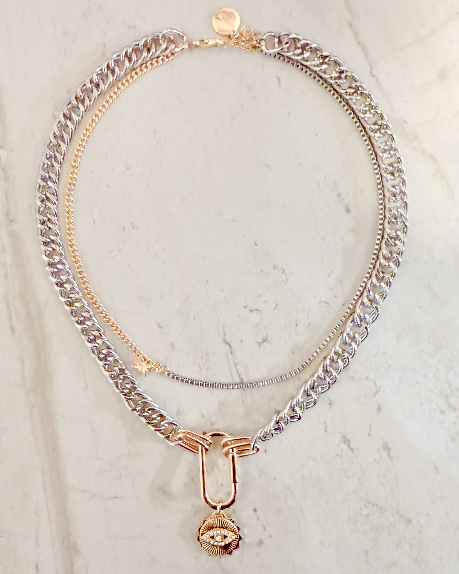 Carabiner Eye Charm Stacked Stainless Steel Necklace