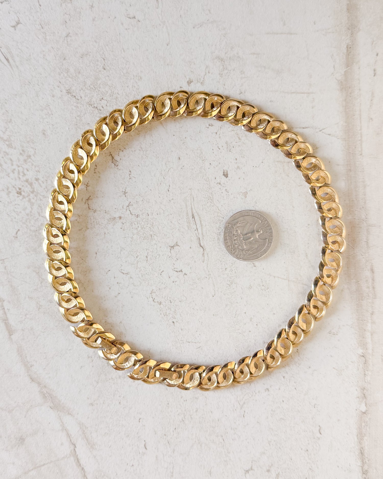 Vintage Gold Textured Flat Link Chain Necklace
